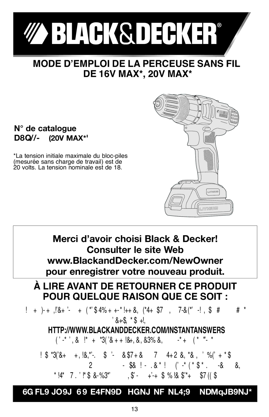 Black & Decker BDCD220IA-1 instruction manual Mode DʼEMPLOI DE LA Perceuse Sans FIL DE 16V MAX*, 20V MAX 