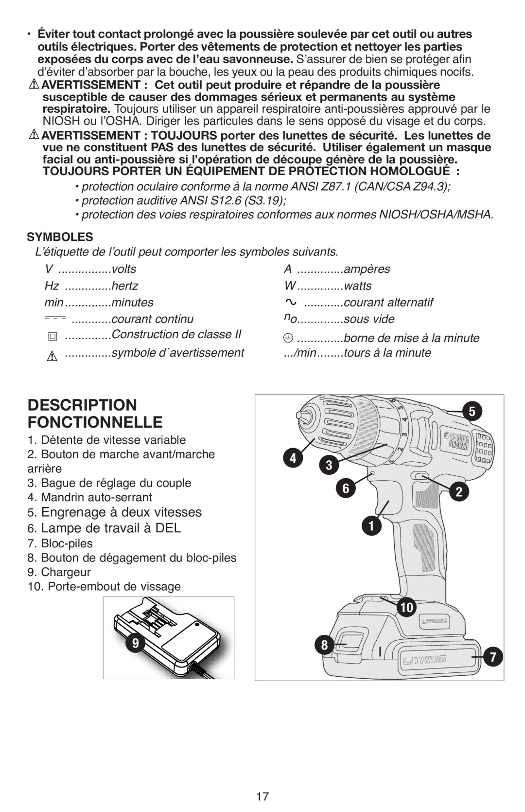 Black & Decker BDCD220IA-1 instruction manual Toujours Porter UN Équipement DE Protection Homologué, Tours à la minute 