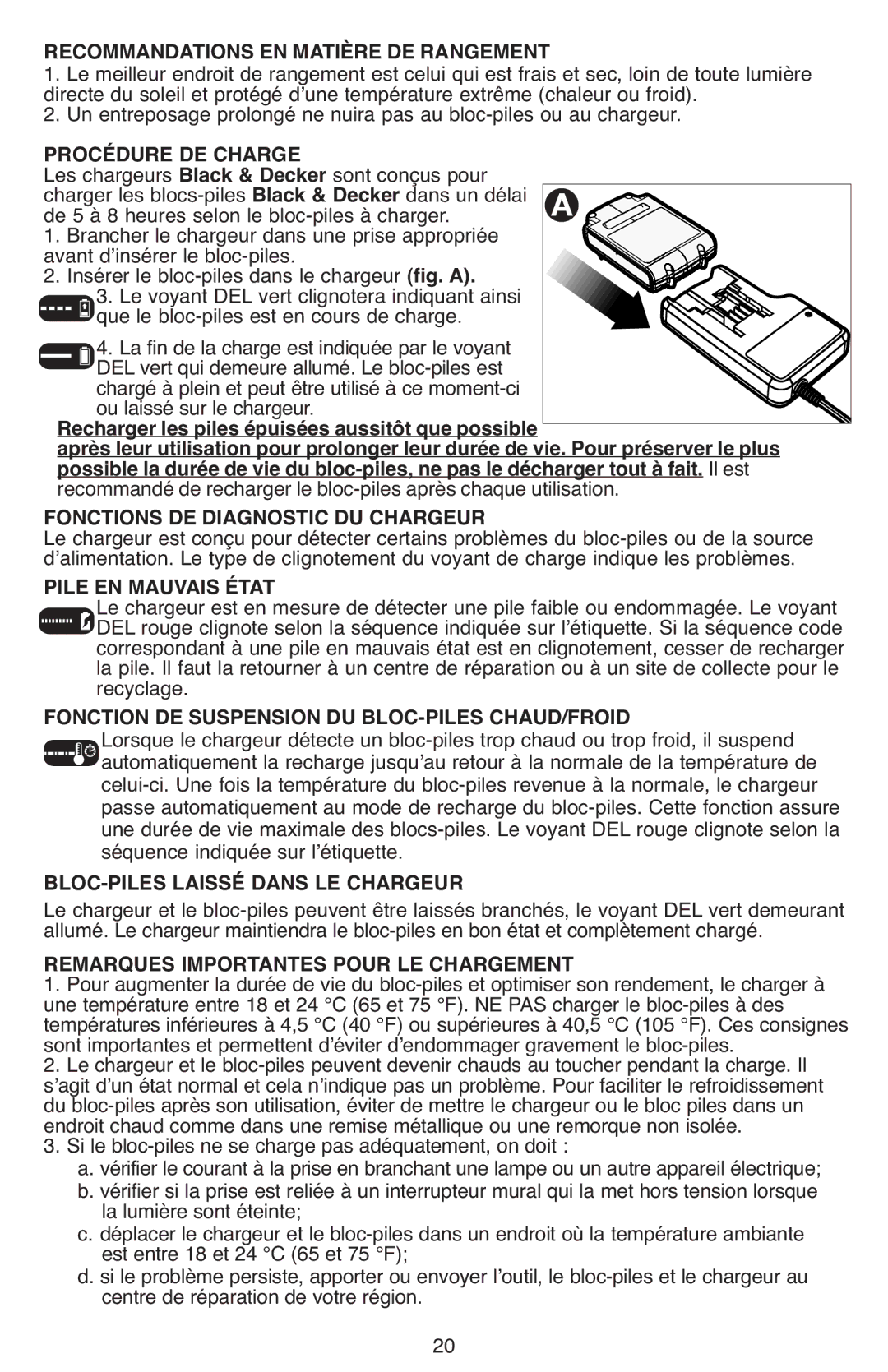 Black & Decker BDCD220IA-1 Recommandations EN Matière DE Rangement, Procédure DE Charge, Pile EN Mauvais État 