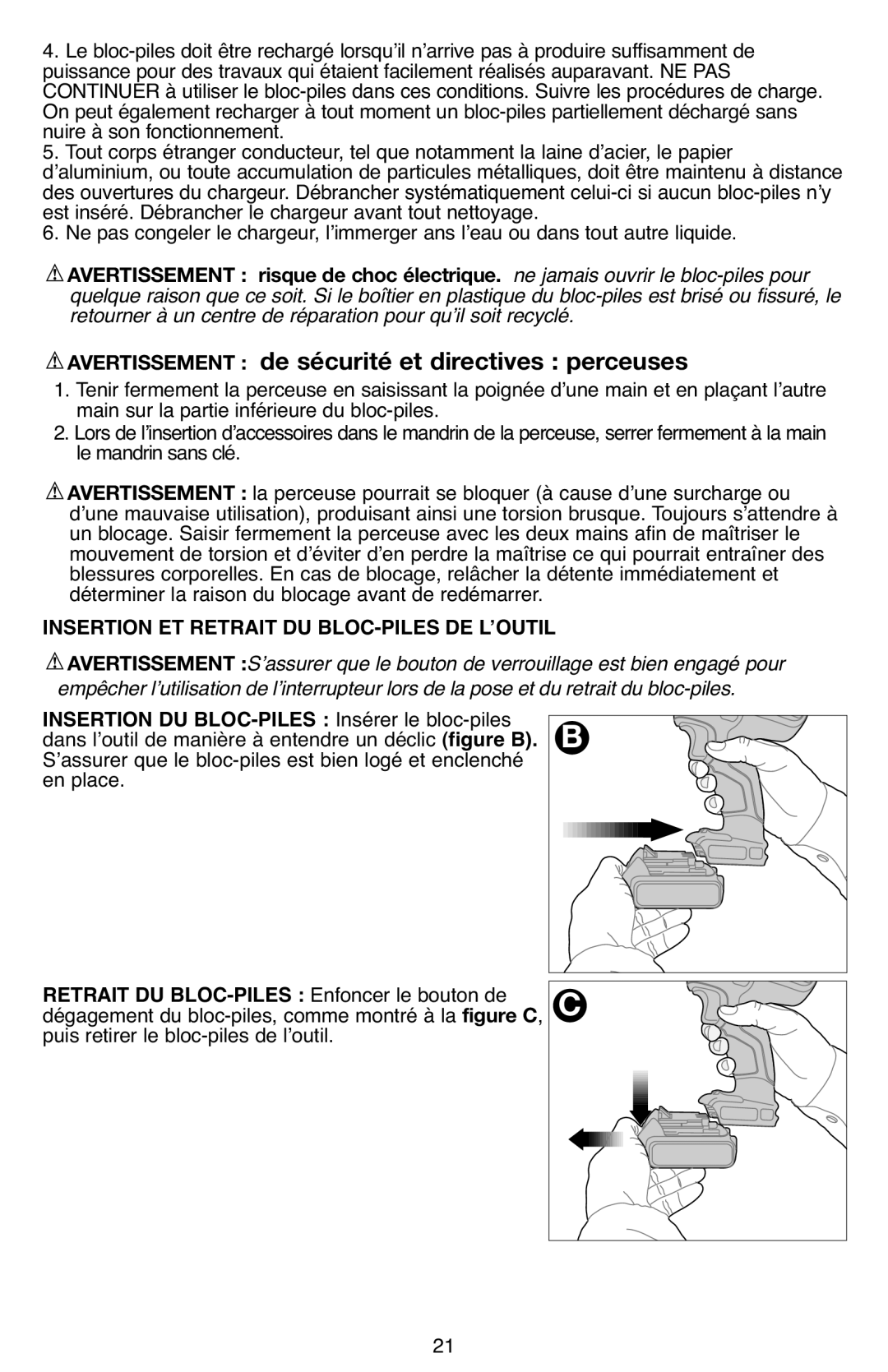 Black & Decker BDCD220IA-1 Ne jamais ouvrir le bloc-piles pour, Insertion ET Retrait DU BLOC-PILES DE LʼOUTIL 