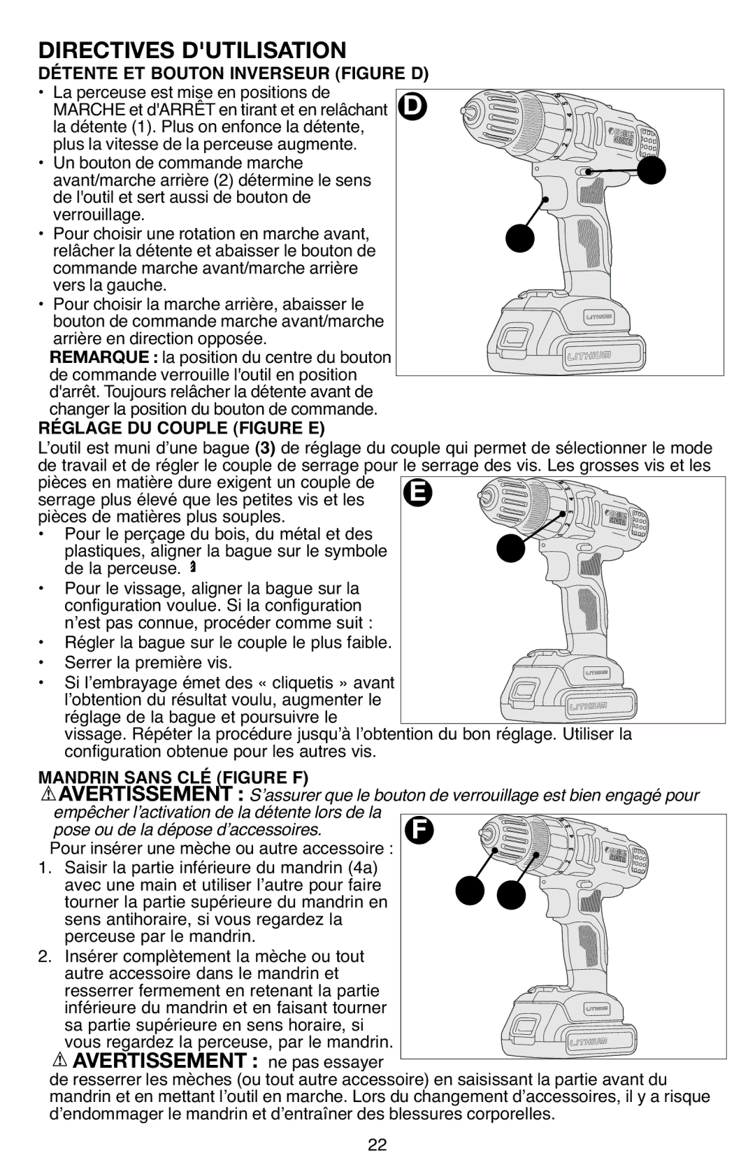 Black & Decker BDCD220IA-1 Détente ET Bouton Inverseur Figure D, Réglage DU Couple Figure E, Mandrin Sans CLÉ Figure F 