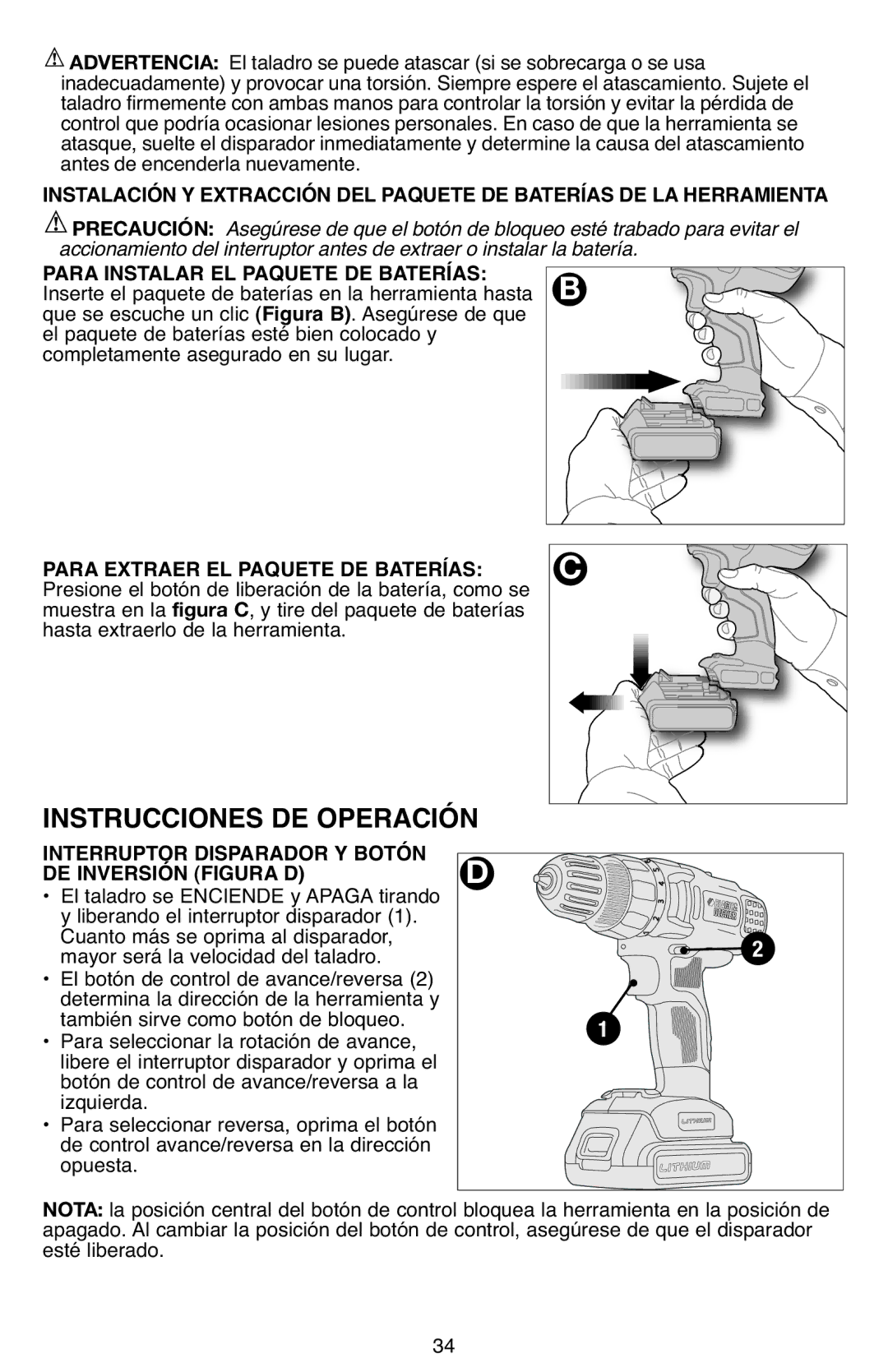 Black & Decker BDCD220IA-1 instruction manual Para Instalar EL Paquete DE Baterías, Para Extraer EL Paquete DE Baterías 