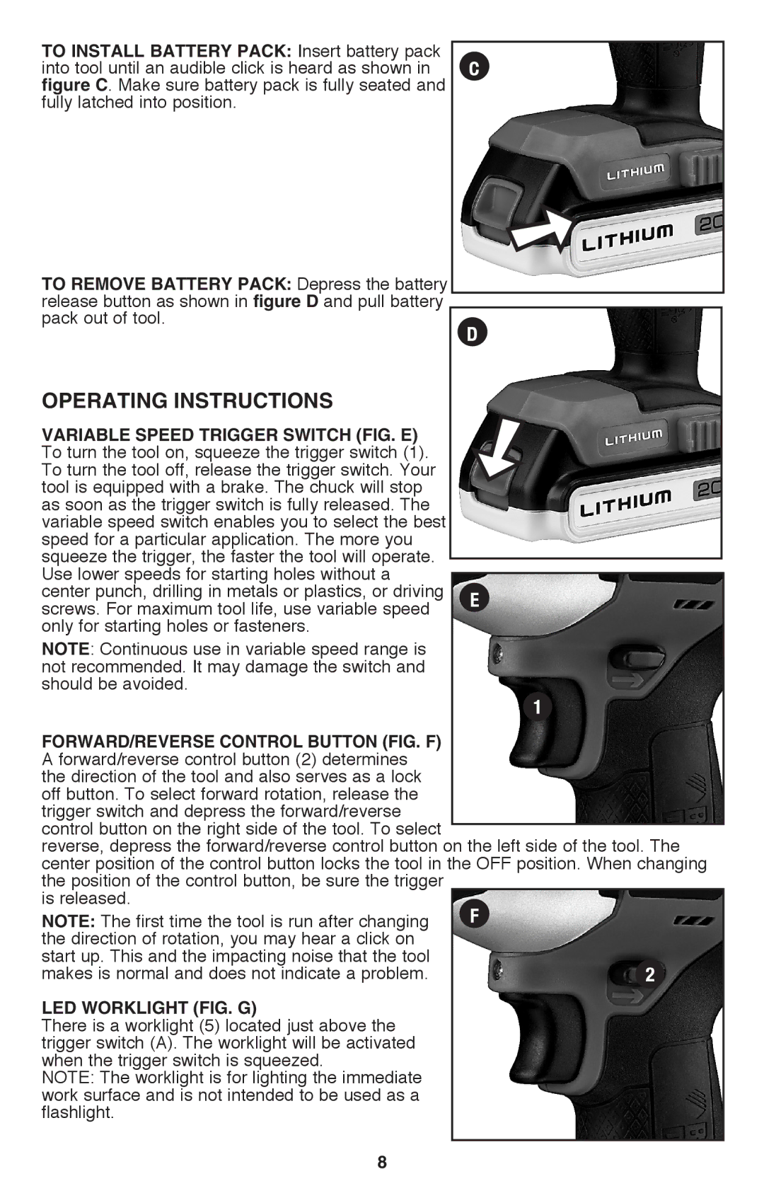 Black & Decker BDCD220IA-1 Operating Instructions, To install battery pack Insert battery pack, LED Worklight Fig. G 