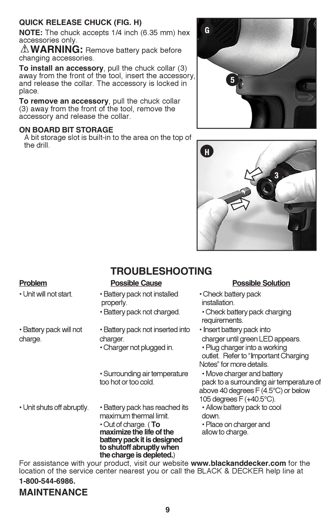 Black & Decker BDCD220IA-1 Troubleshooting, Maintenance, Quick Release Chuck FIG. H, On Board Bit Storage 