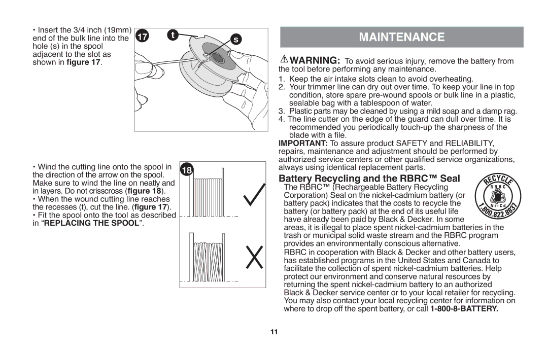 Black & Decker BDCD220RSR, DR260BR, NST1118R, NST2118R Maintenance, Battery Recycling and the Rbrc Seal 