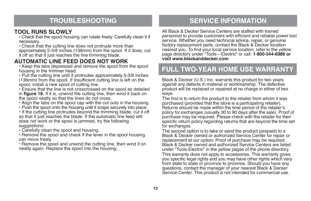 Black & Decker BDCD220RSR, DR260BR Troubleshooting Tool Runs Slowly, Service Information Full TWO-YEAR Home USE Warranty 