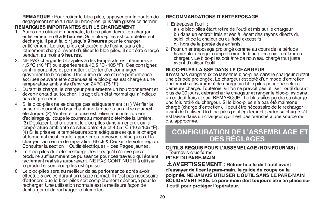 Black & Decker NST2118, BDCD220RSR DES Réglages, Remarques Importantes SUR LE Chargement, Recommandations DʼENTREPOSAGE 