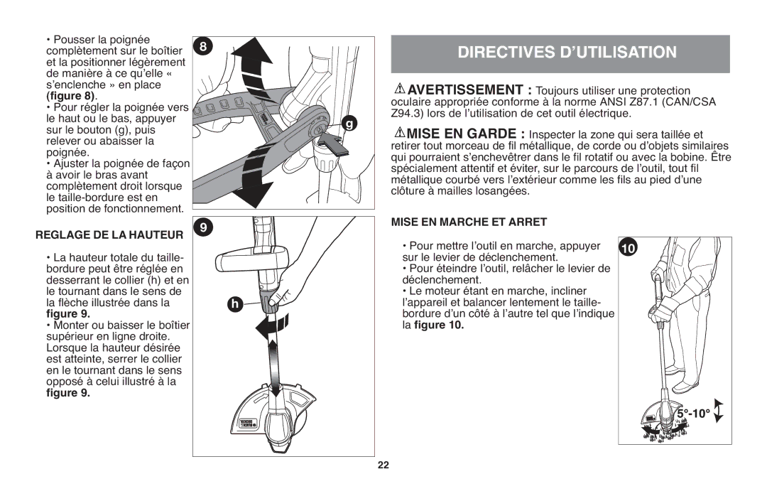 Black & Decker NST2118R, BDCD220RSR, DR260BR, NST1118R instruction manual Reglage DE LA Hauteur, Mise EN Marche ET Arret 