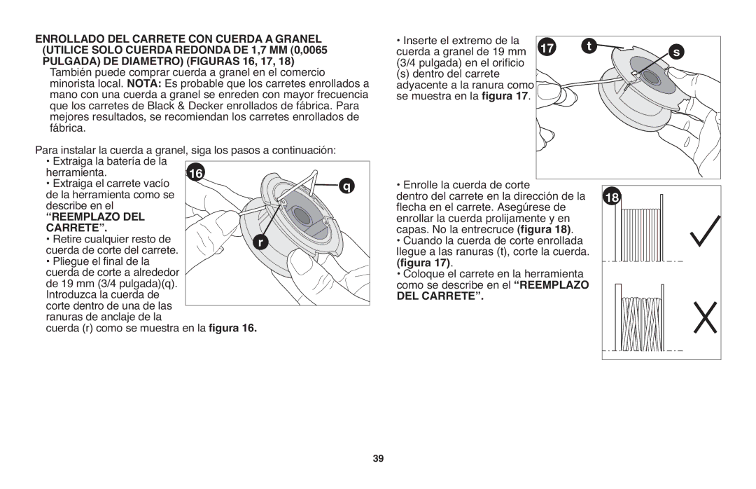 Black & Decker NST1118R, DR260BR Enrollado DEL Carrete CON Cuerda a Granel, Utilice Solo Cuerda Redonda DE 1,7 MM 0,0065 