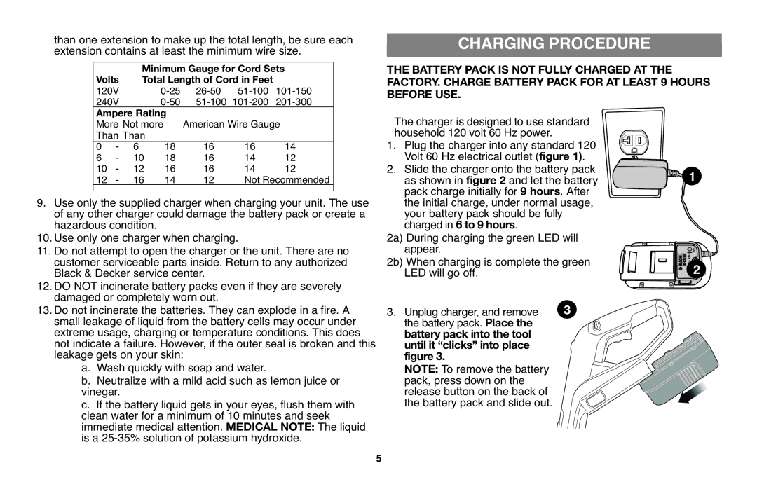 Black & Decker BDCD220RSR, DR260BR, NST2118, NST1118R Charging Procedure, Pack charge initially for 9 hours. After 