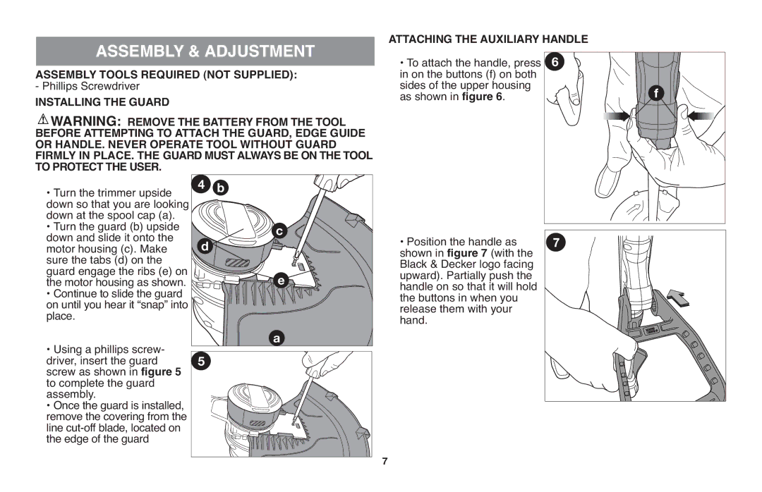 Black & Decker DR260BR, BDCD220RSR Assembly & Adjustment, Assembly Tools Required not Supplied, Phillips Screwdriver 