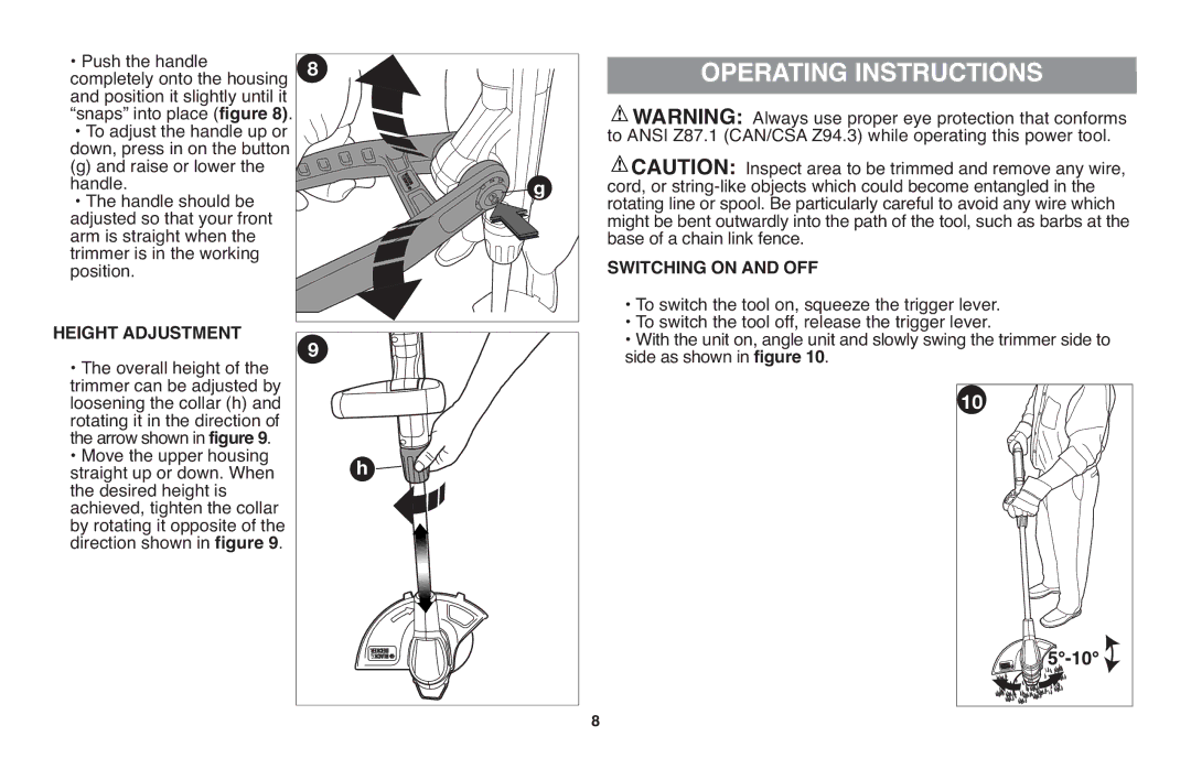 Black & Decker NST2118, BDCD220RSR, DR260BR, NST1118R Operating Instructions, Height Adjustment, Switching on and OFF 