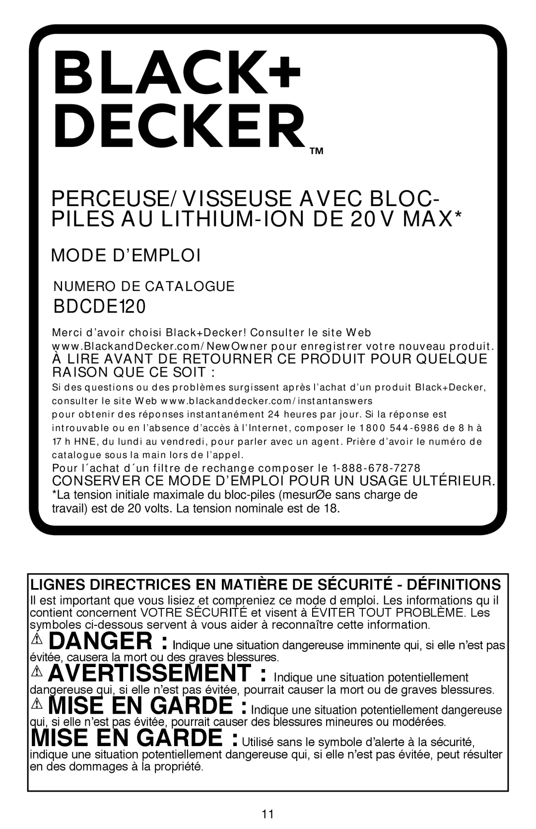 Black & Decker BDCDE120CR instruction manual Lignes directrices en matière de sécurité définitions 