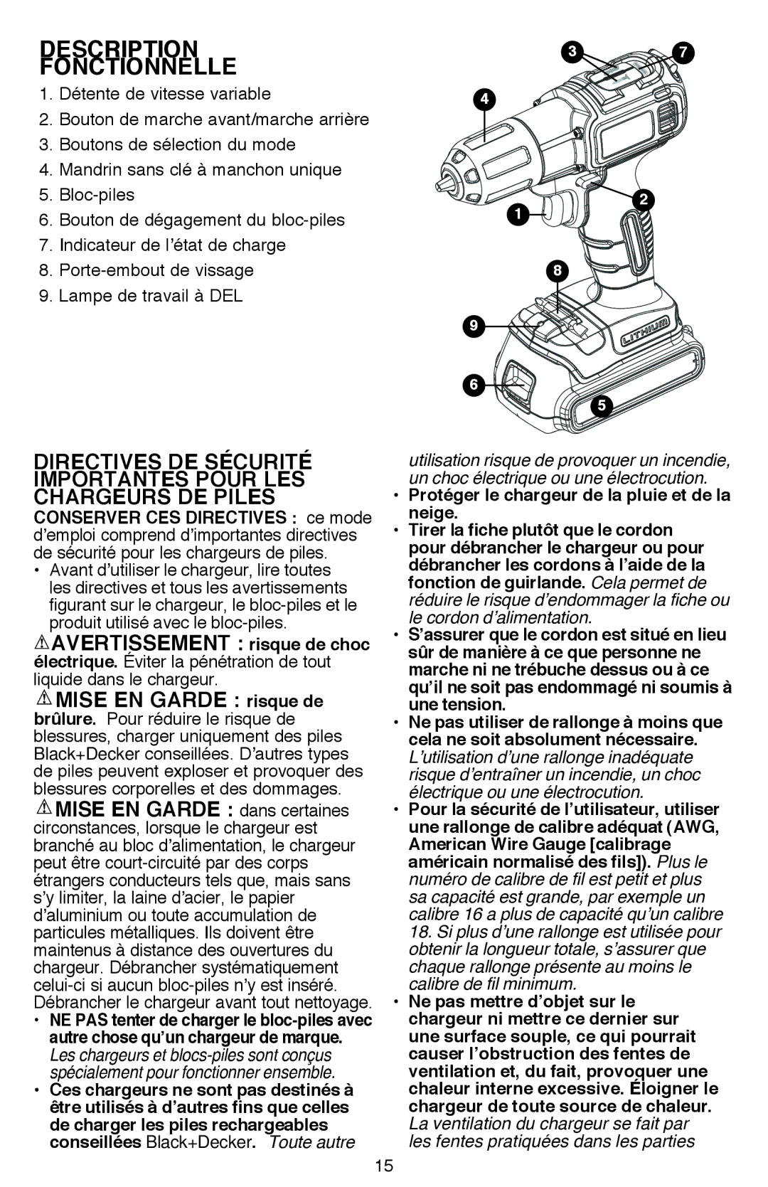 Black & Decker BDCDE120C Directives de sécurité, Importantes pour les, Chargeurs de piles, Avertissement risque de choc 