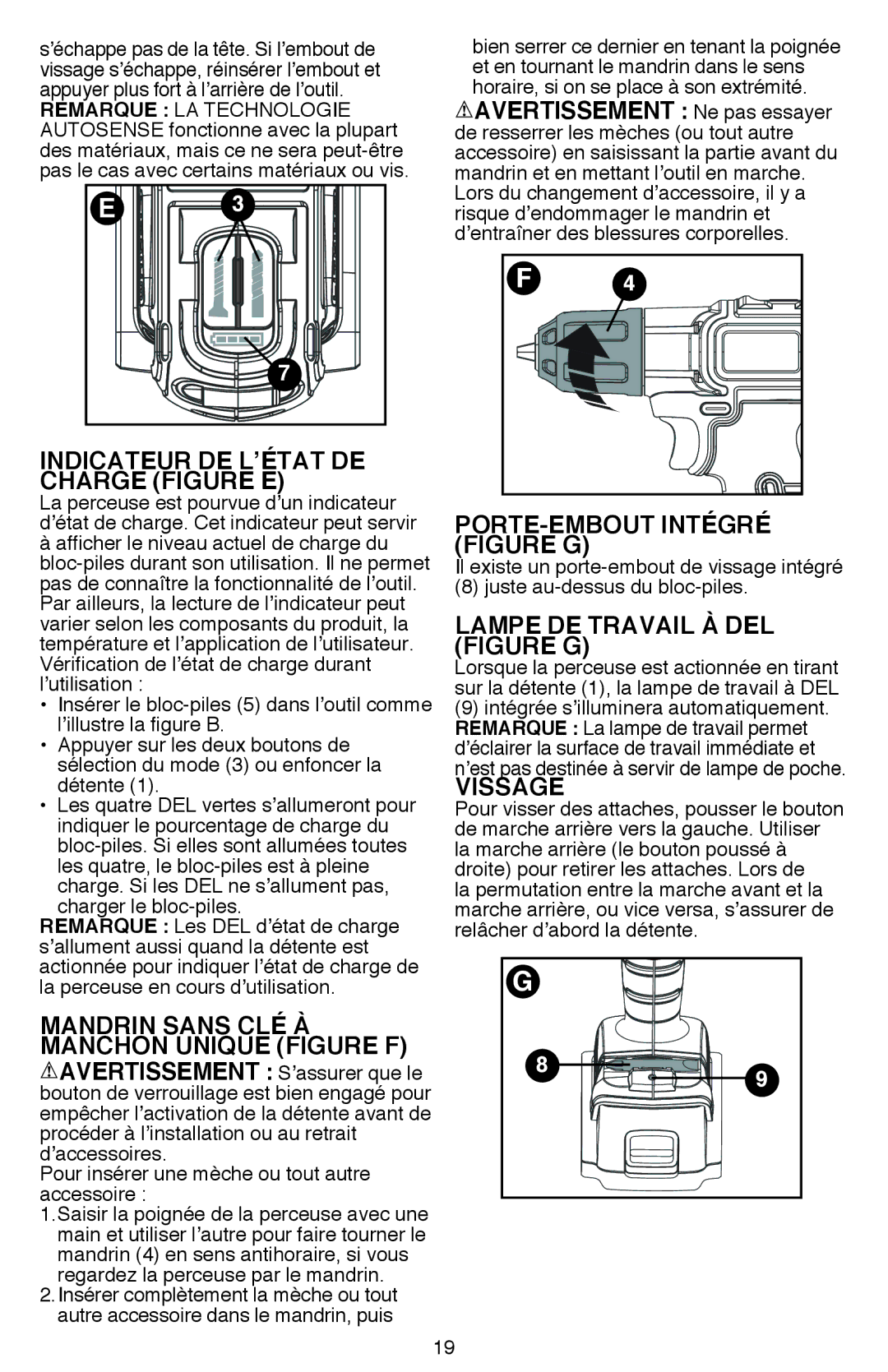 Black & Decker BDCDE120CR Indicateur DE L’ÉTAT DE Charge Figure E, PORTE-EMBOUT Intégré Figure G, Vissage 