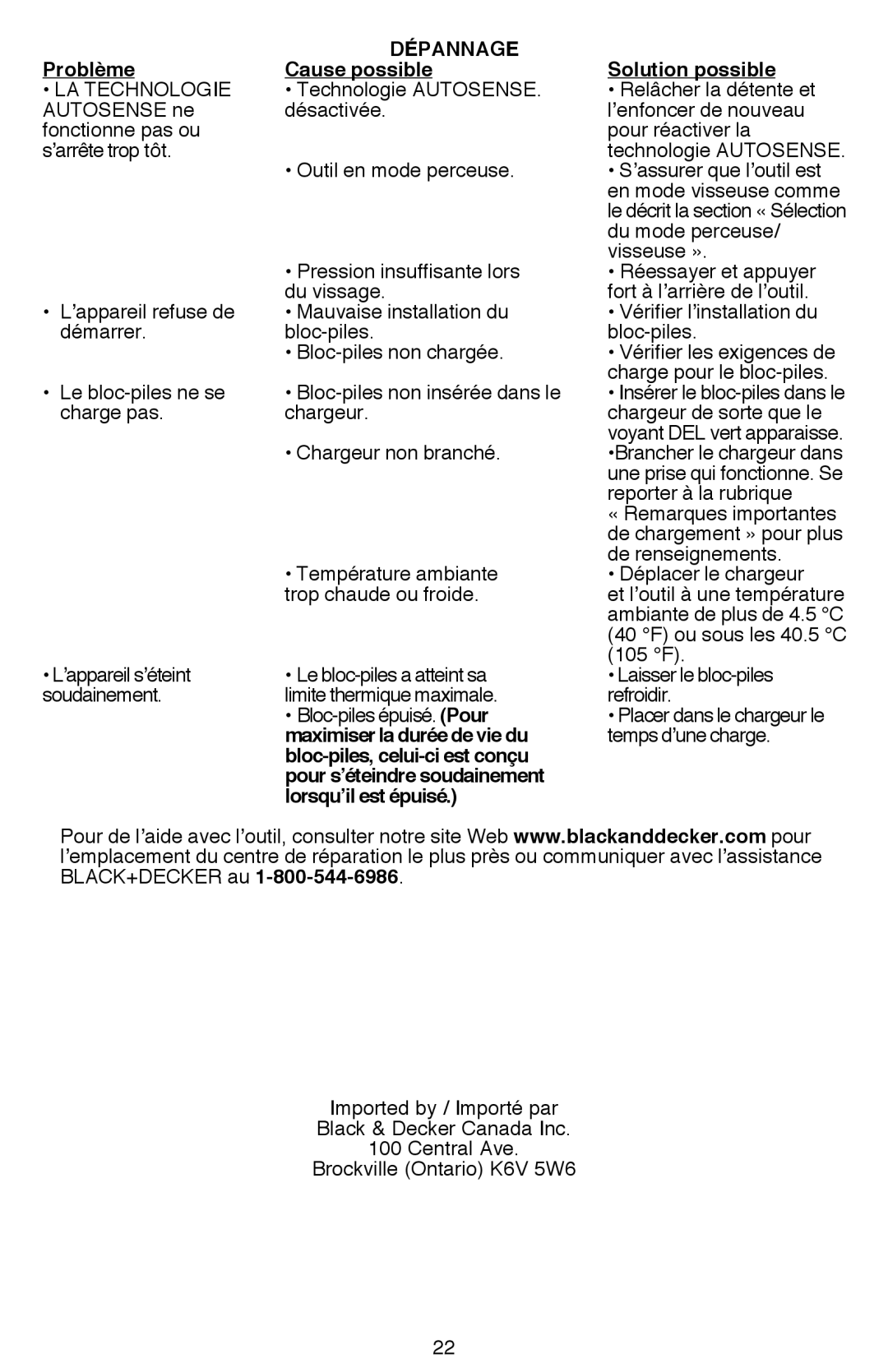 Black & Decker BDCDE120CR Problème Dépannage Solution possible Cause possible, Du mode perceuse, Reporter à la rubrique 