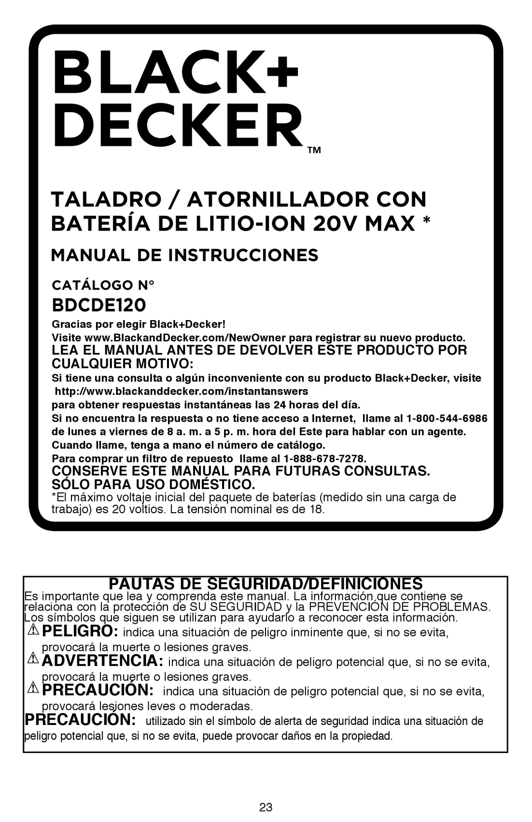 Black & Decker BDCDE120CR instruction manual Taladro / atornillador con batería de litio-ion 20V MAX 