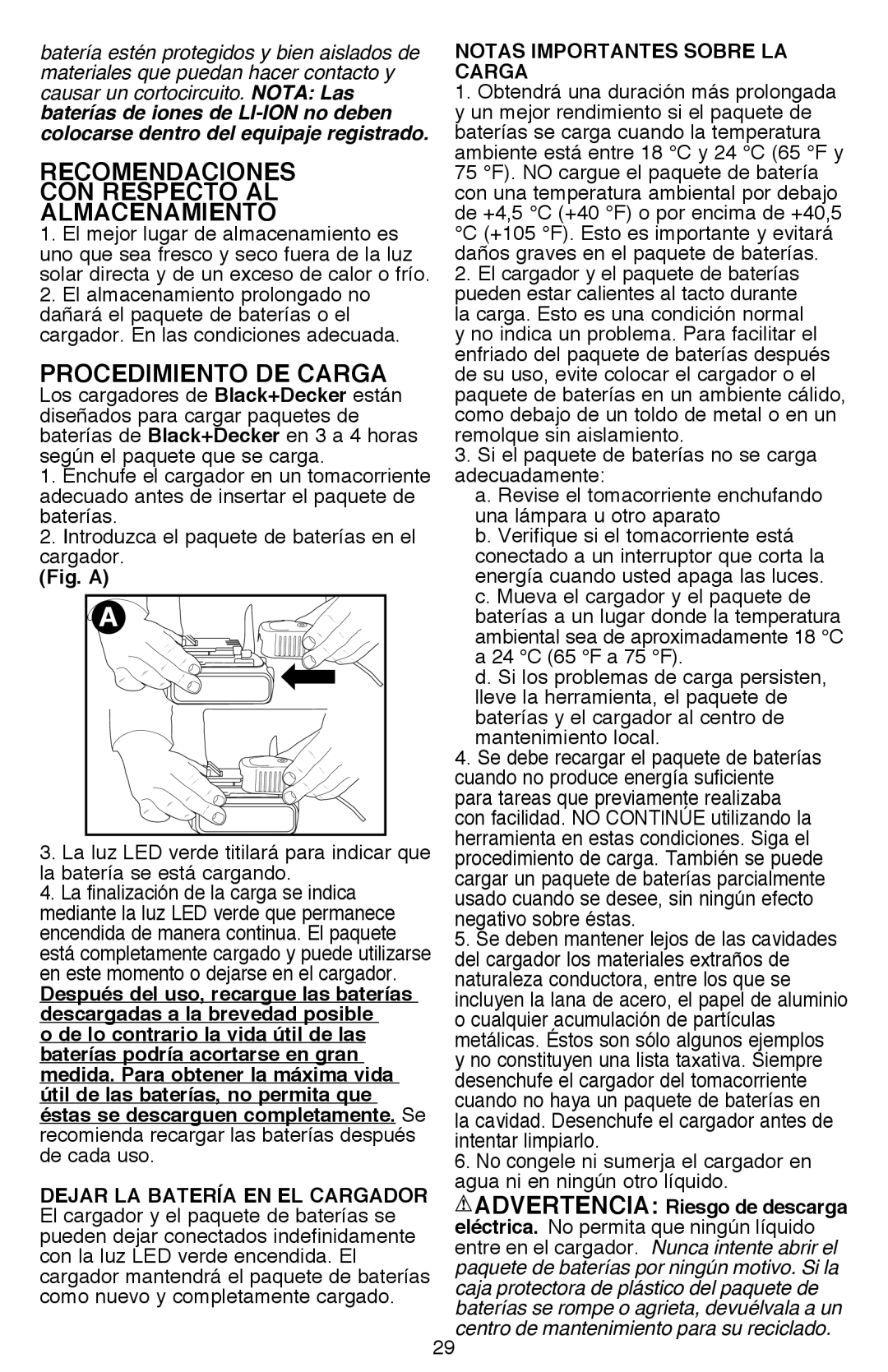 Black & Decker BDCDE120CR Recomendaciones con respecto al almacenamiento, Notas importantes sobre la carga 