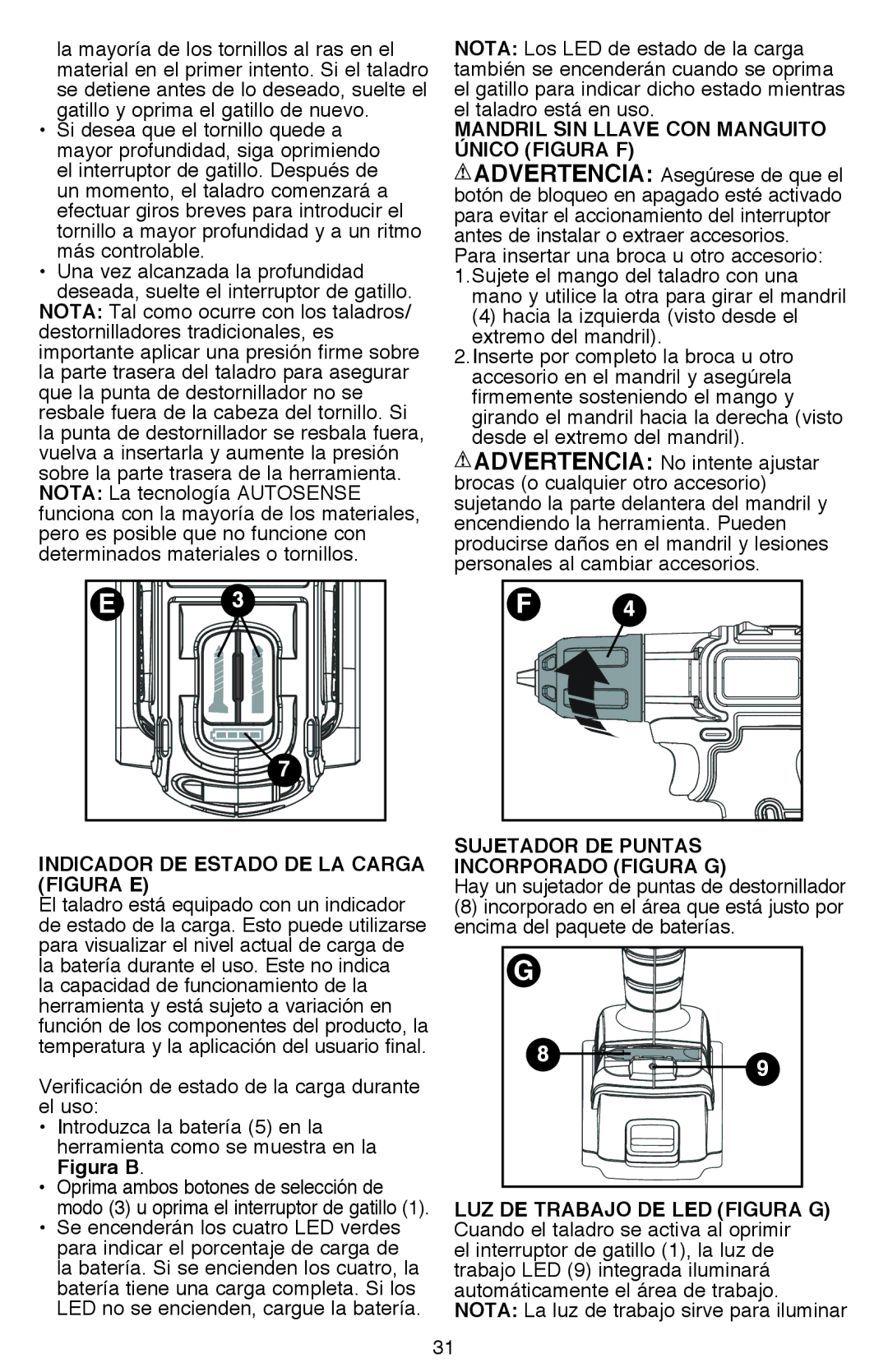 Black & Decker BDCDE120C Indicador DE Estado DE LA Carga Figura E, Mandril SIN Llave CON Manguito Único Figura F 