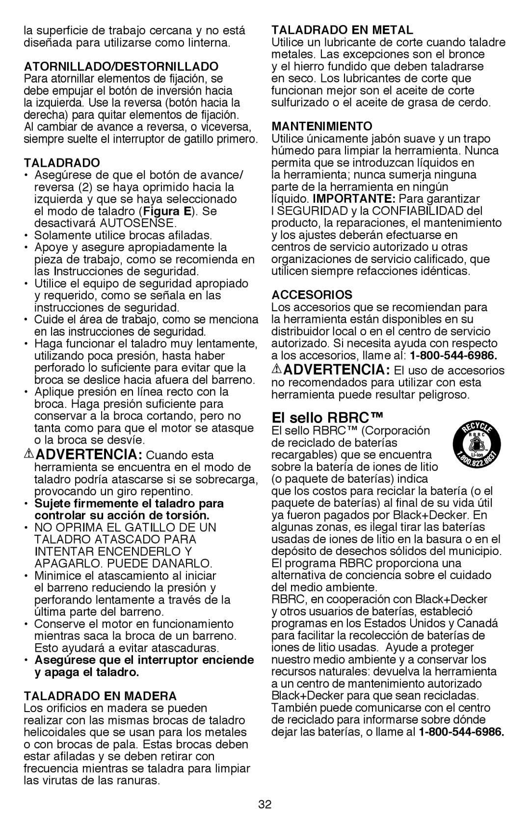 Black & Decker BDCDE120CR instruction manual El sello Rbrc, Taladrado en metal, Mantenimiento, Accesorios 