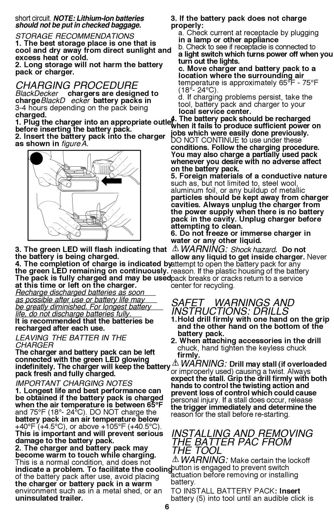 Black & Decker BDCDE120CR Charging Procedure, Safety Warnings and Instructions Drills, Leaving the battery in the charger 