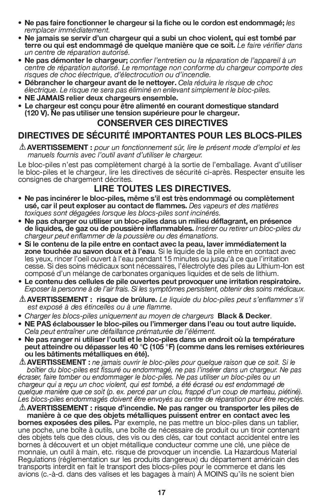 Black & Decker BDCDHP220 Directives de sécurité importantes pour les blocs-piles, Lire toutes les directives 