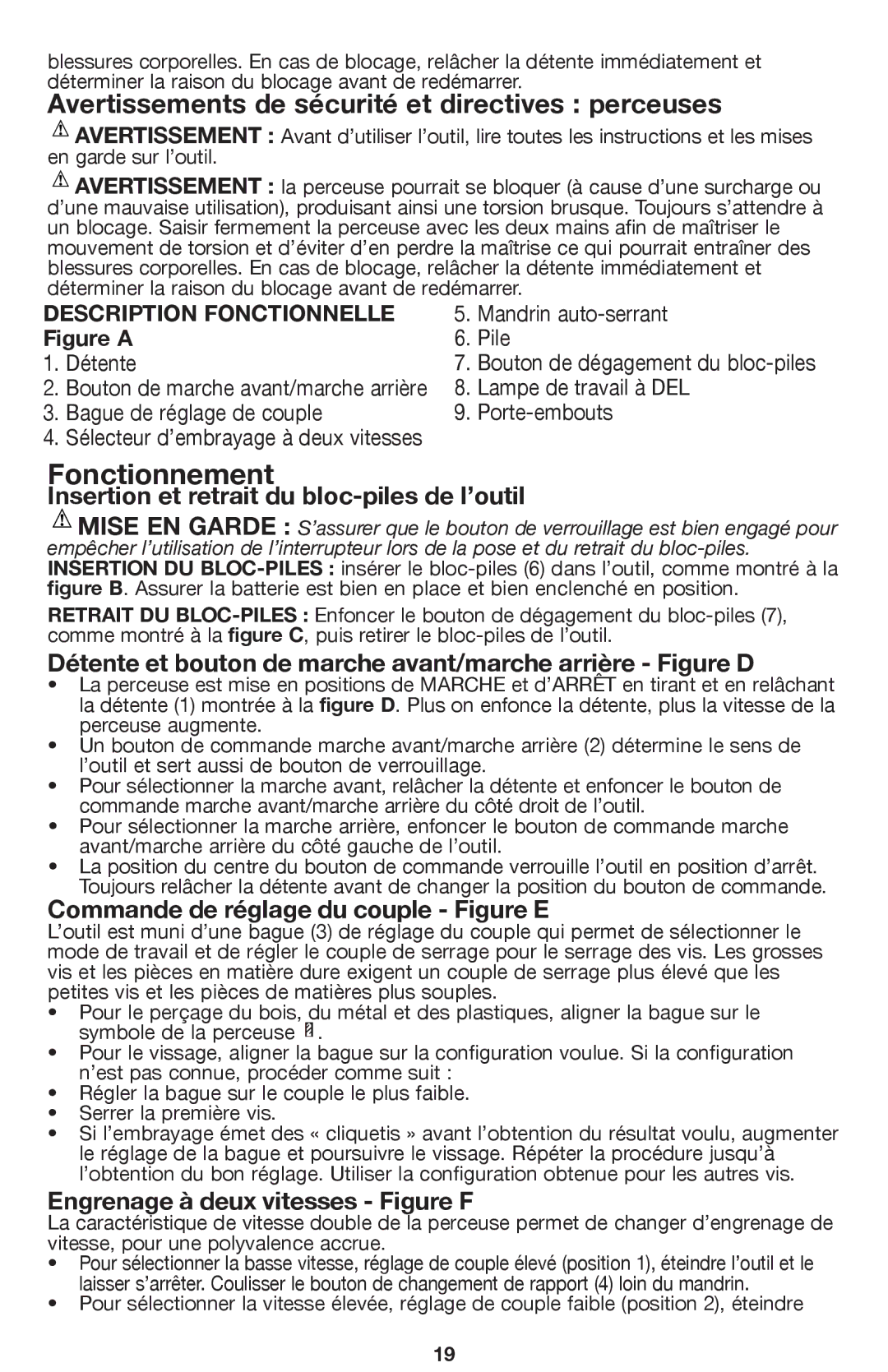 Black & Decker BDCDHP220 Avertissements de sécurité et directives perceuses, Insertion et retrait du bloc-piles de l’outil 