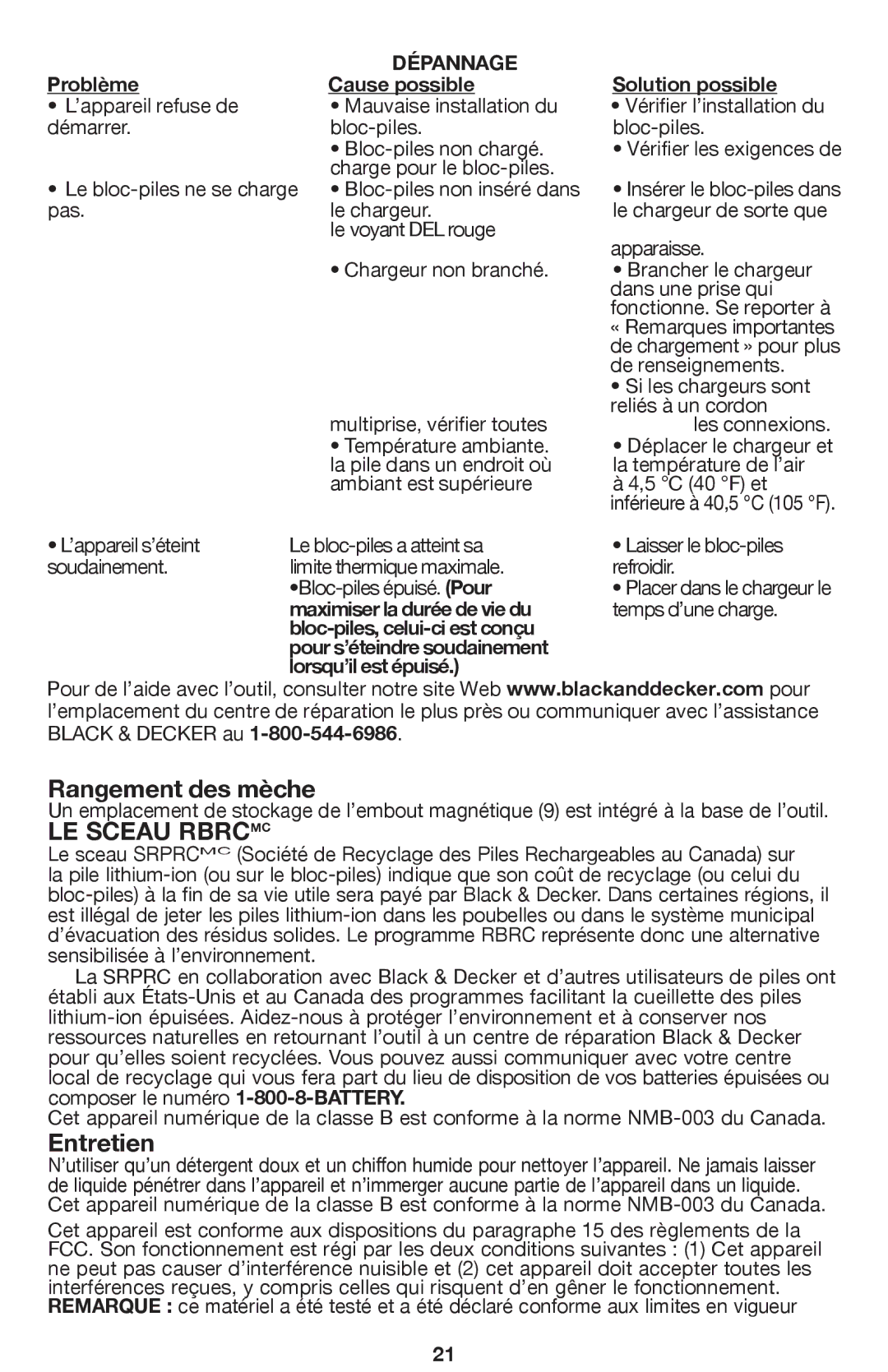 Black & Decker BDCDHP220 instruction manual Rangement des mèche, Le sceau Rbrcmc, Entretien 