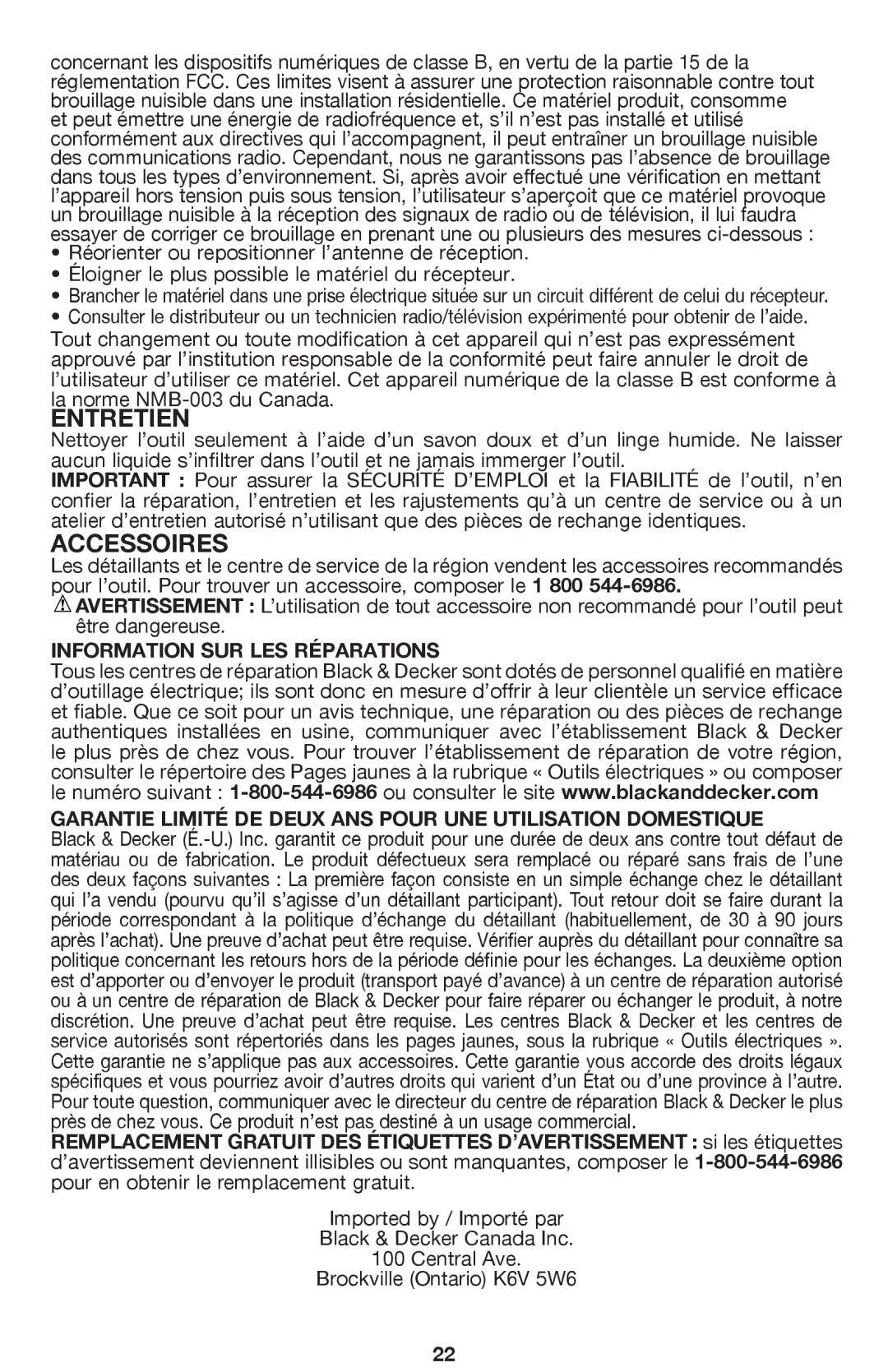 Black & Decker BDCDHP220 instruction manual Entretien, Accessoires 