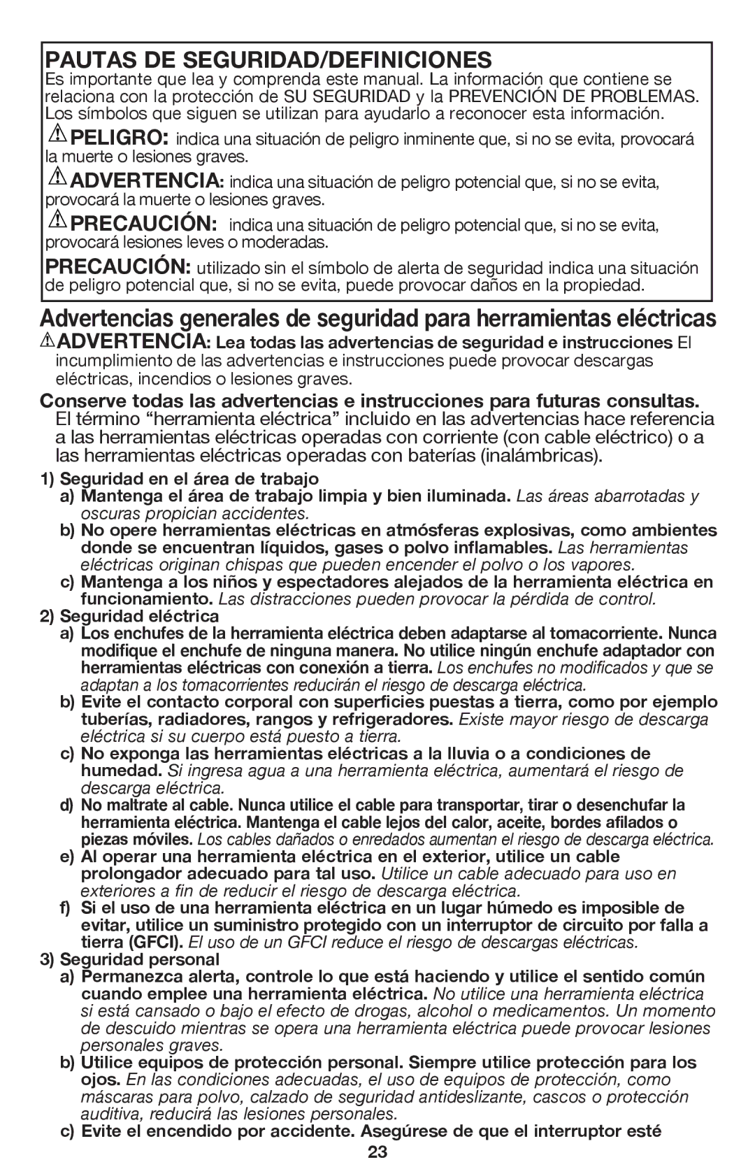 Black & Decker BDCDHP220 instruction manual Pautas DE SEGURIDAD/DEFINICIONES 