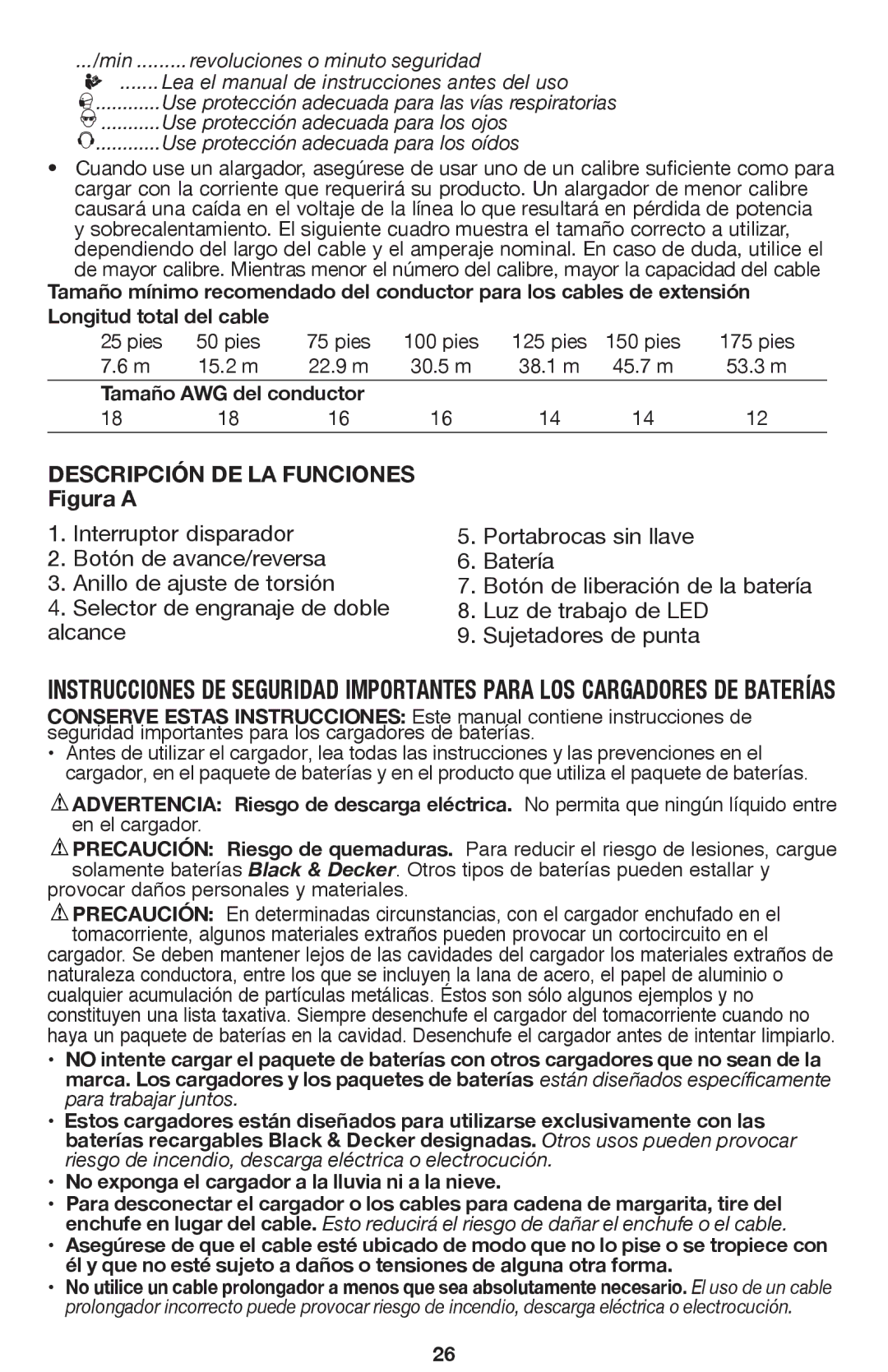 Black & Decker BDCDHP220 instruction manual Descripción DE LA Funciones Figura a, Tamaño AWG del conductor 