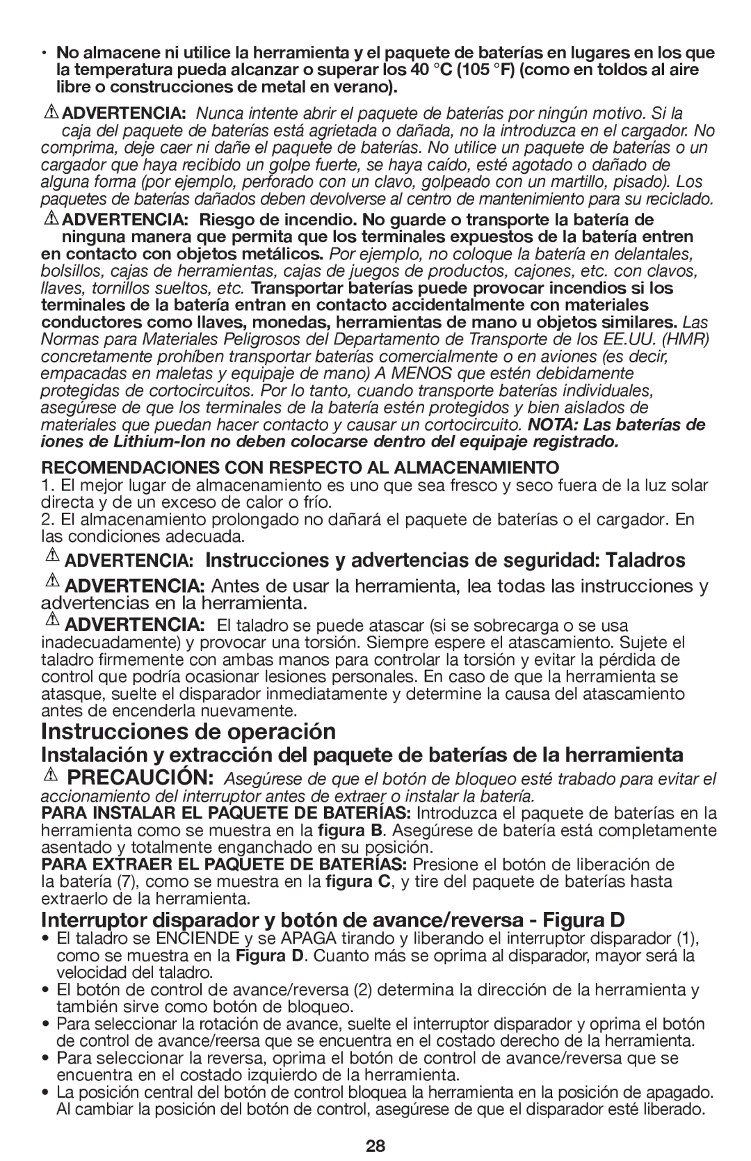 Black & Decker BDCDHP220 Instrucciones de operación, Interruptor disparador y botón de avance/reversa Figura D 