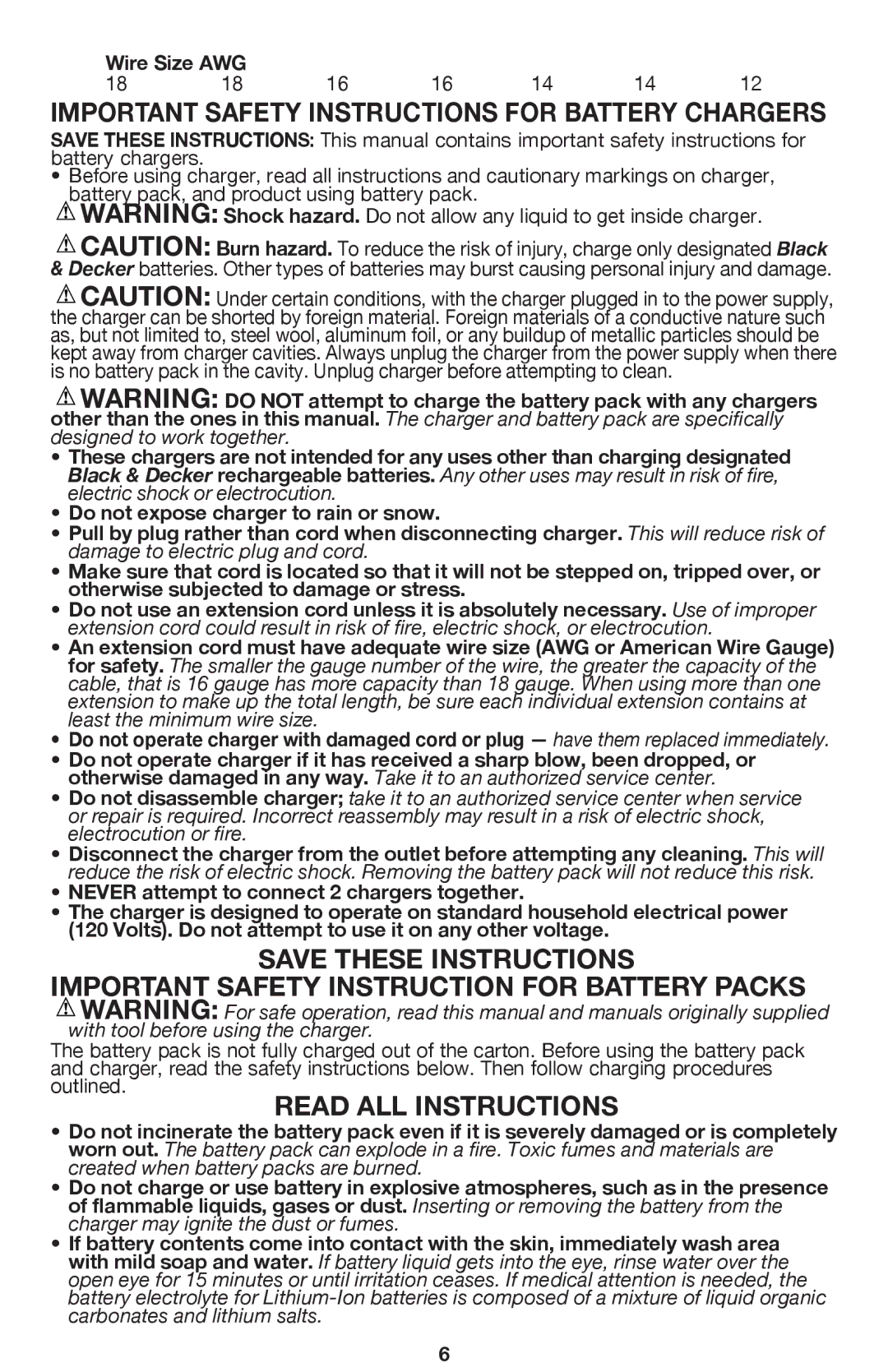 Black & Decker BDCDHP220 instruction manual Important Safety Instructions for Battery Chargers, Wire Size AWG 