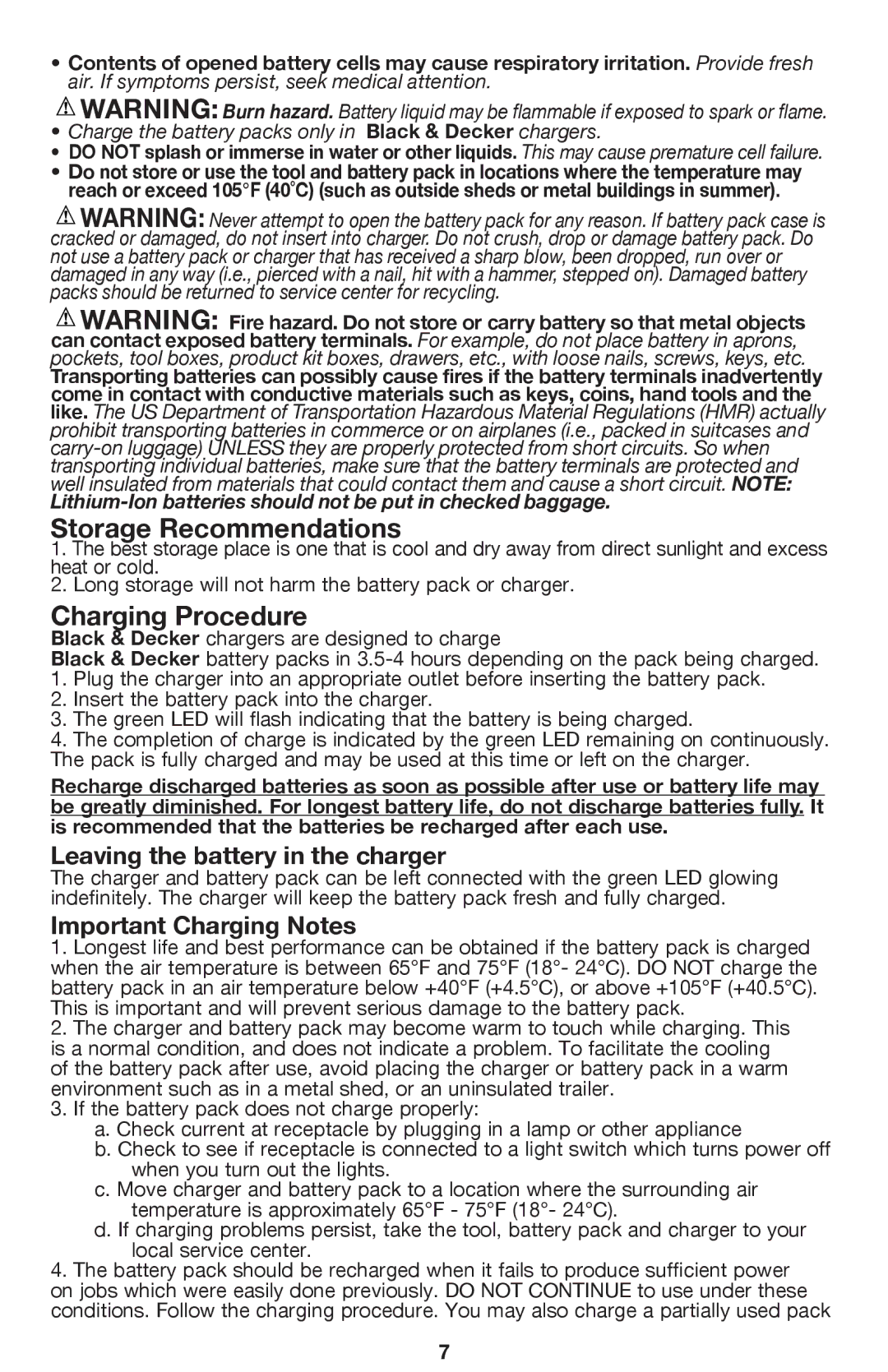 Black & Decker BDCDHP220 instruction manual Storage Recommendations, Charging Procedure, Leaving the battery in the charger 