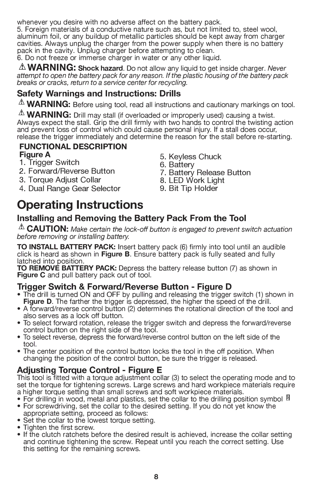 Black & Decker BDCDHP220 Safety Warnings and Instructions Drills, Installing and Removing the Battery Pack From the Tool 