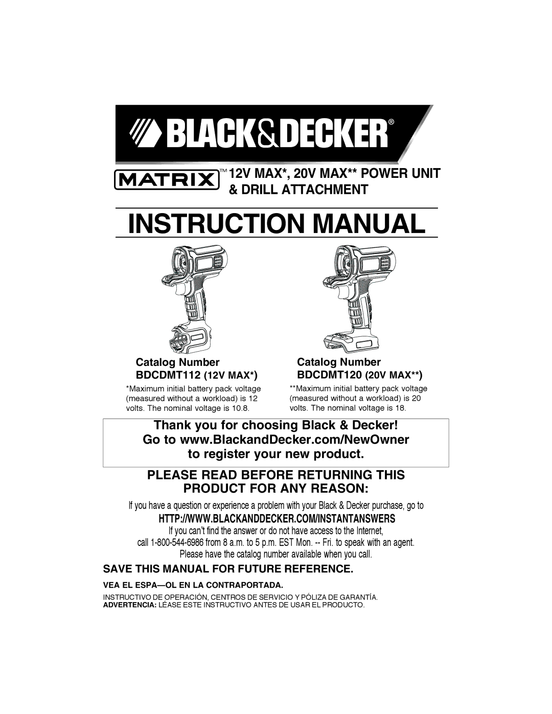 Black & Decker BDCDMT120 (20V Max), BDCDMT112 (12V Max) instruction manual Save this Manual for Future Reference 