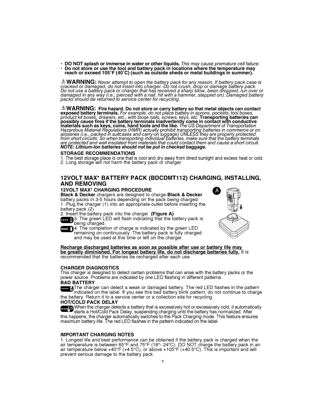 Black & Decker BDCDMT120 (20V Max) Storage Recommendations, 12VOLT MAX* Charging Procedure, Charger Diagnostics 