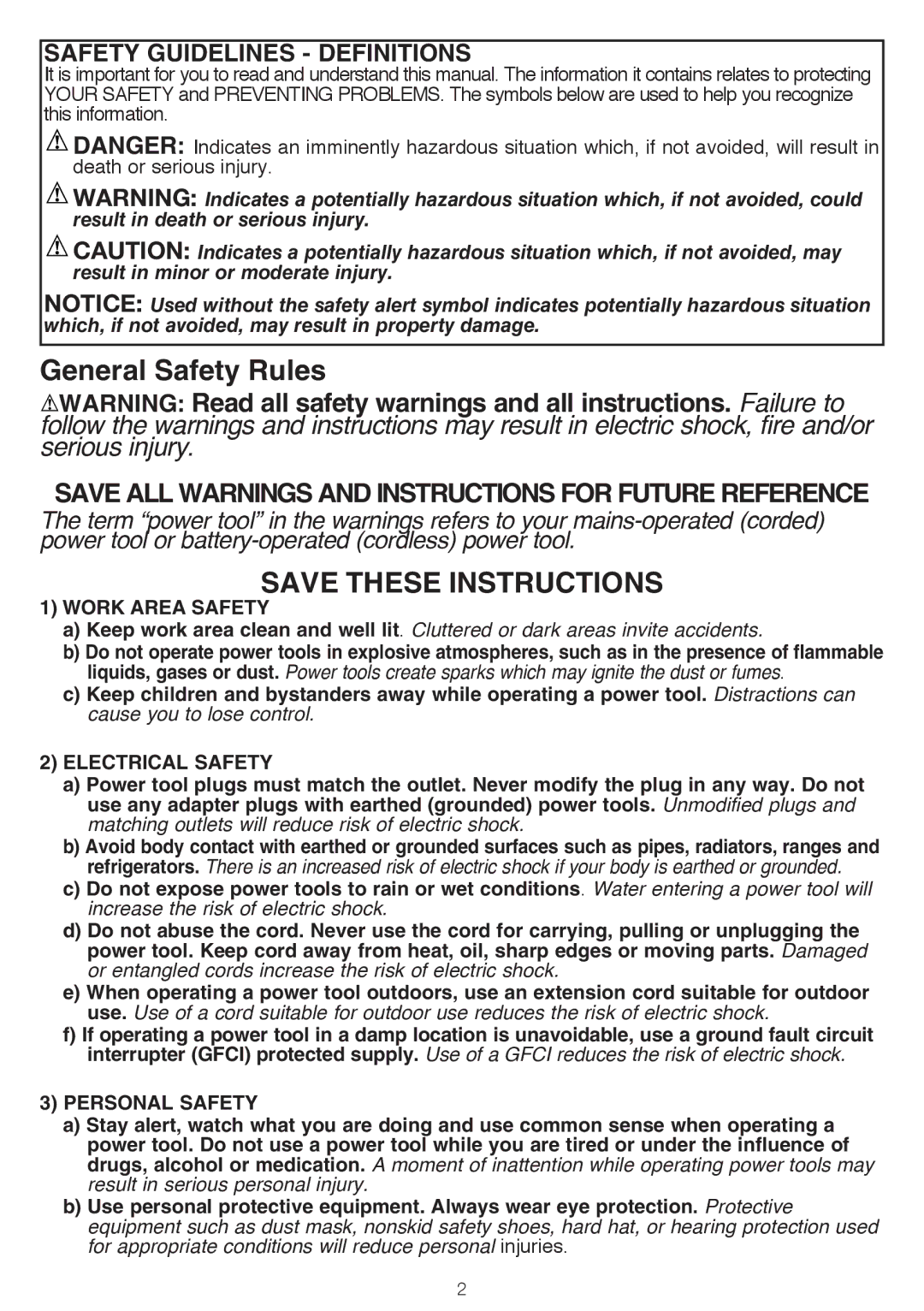 Black & Decker BDCDMT120, BDCDMT112 instruction manual Safety Guidelines Definitions, Work Area Safety 