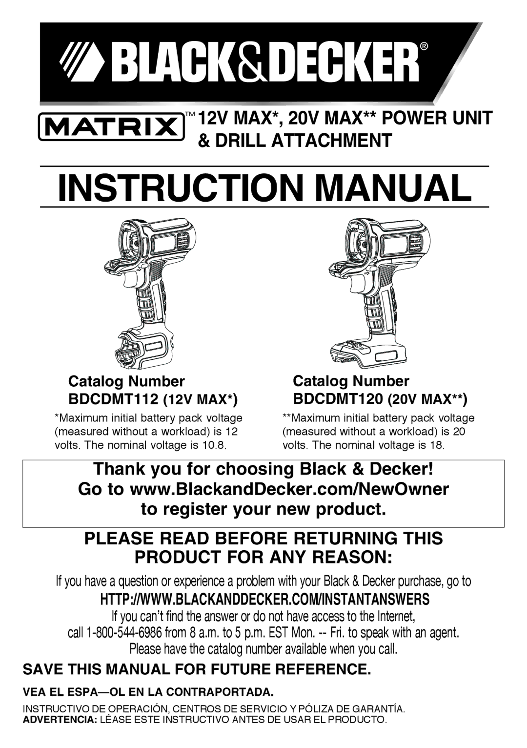 Black & Decker BDCDMT1206KITS instruction manual Catalog Number BDCDMT112 12V MAX BDCDMT120 20V MAX 