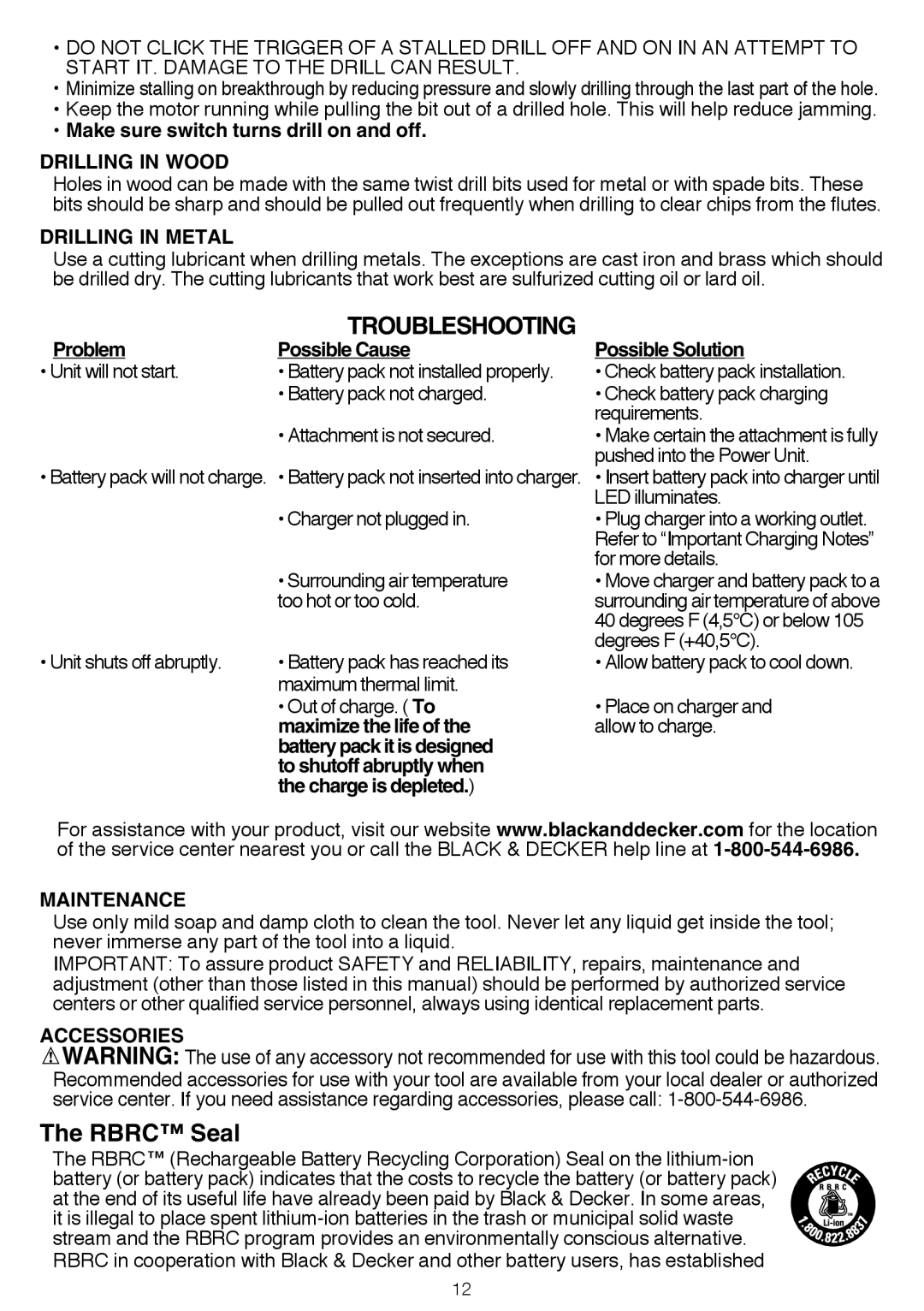 Black & Decker BDCDMT1206KITS instruction manual Troubleshooting, Rbrc Seal 