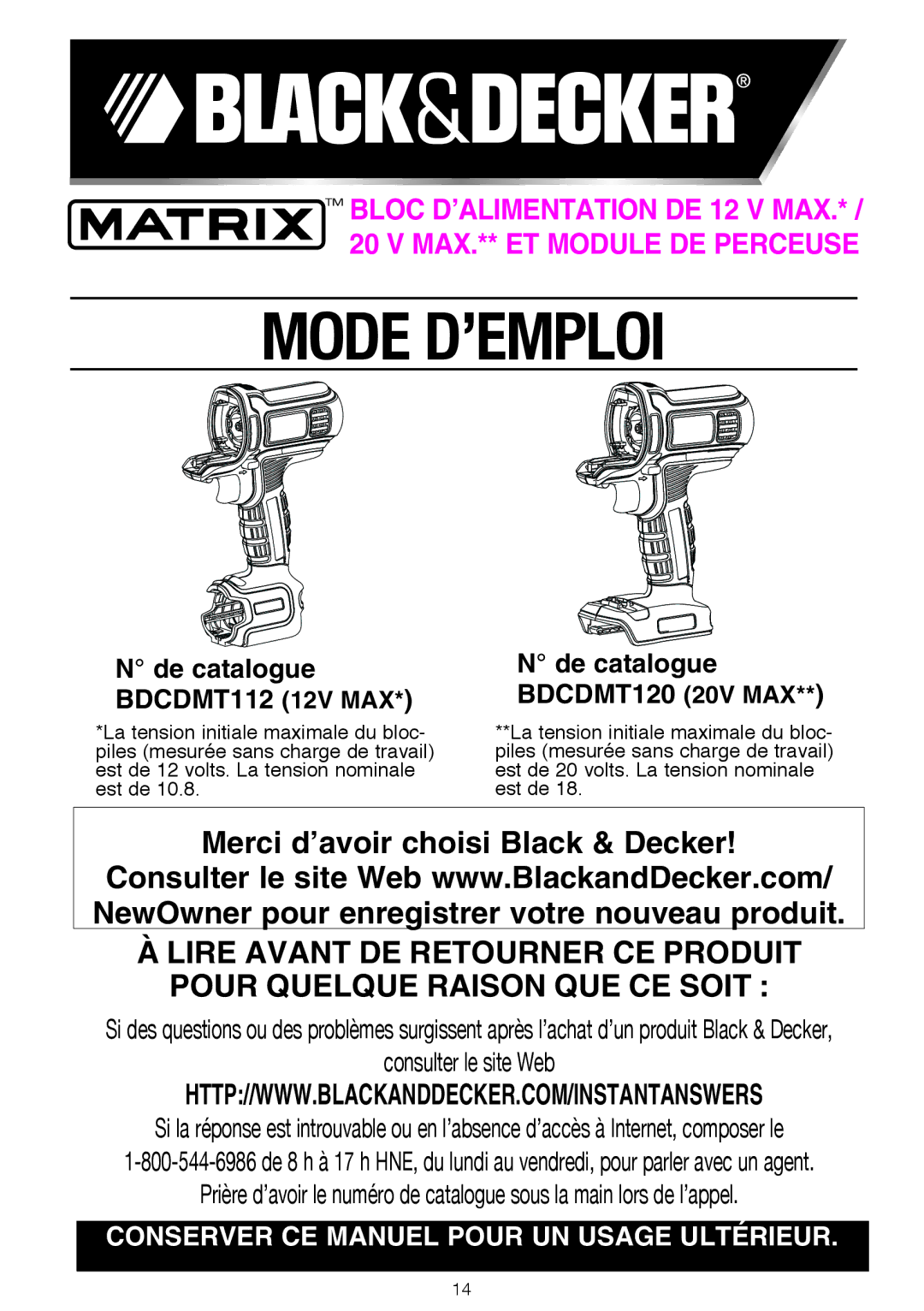 Black & Decker BDCDMT1206KITS instruction manual Mode D’EMPLOI, De catalogue BDCDMT112 12V MAX BDCDMT120 20V MAX 