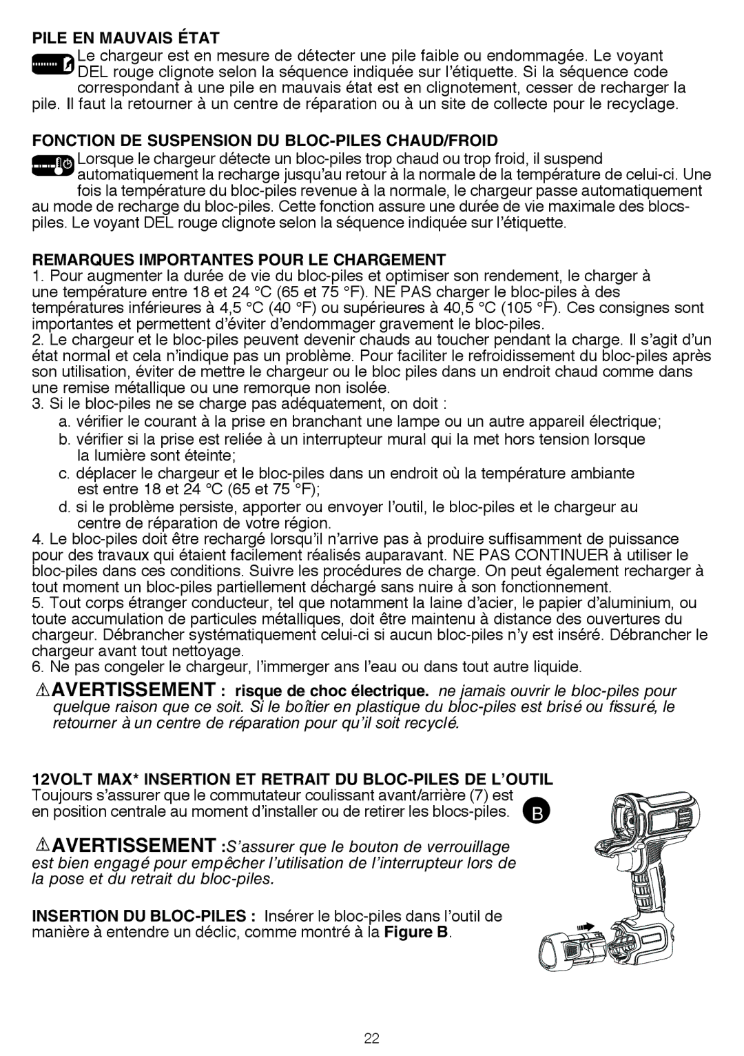 Black & Decker BDCDMT1206KITS instruction manual Pile en mauvais état, Fonction de suspension du bloc-piles chaud/froid 