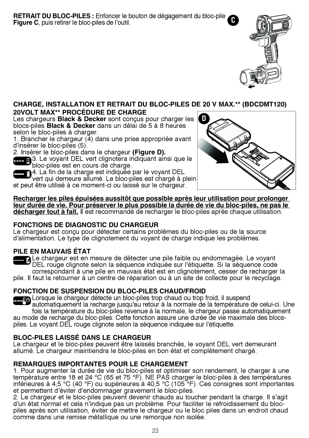 Black & Decker BDCDMT1206KITS instruction manual 20volt Max** Procédure de charge, Bloc-piles laissé dans le chargeur 