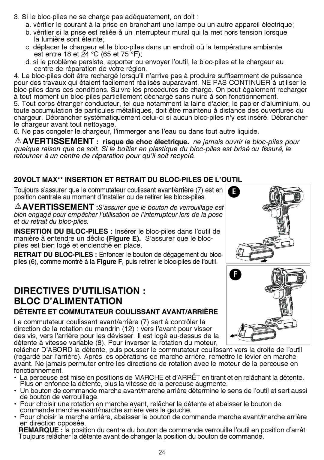 Black & Decker BDCDMT1206KITS instruction manual 20volt Max** Insertion et retrait du bloc-piles de l’outil 