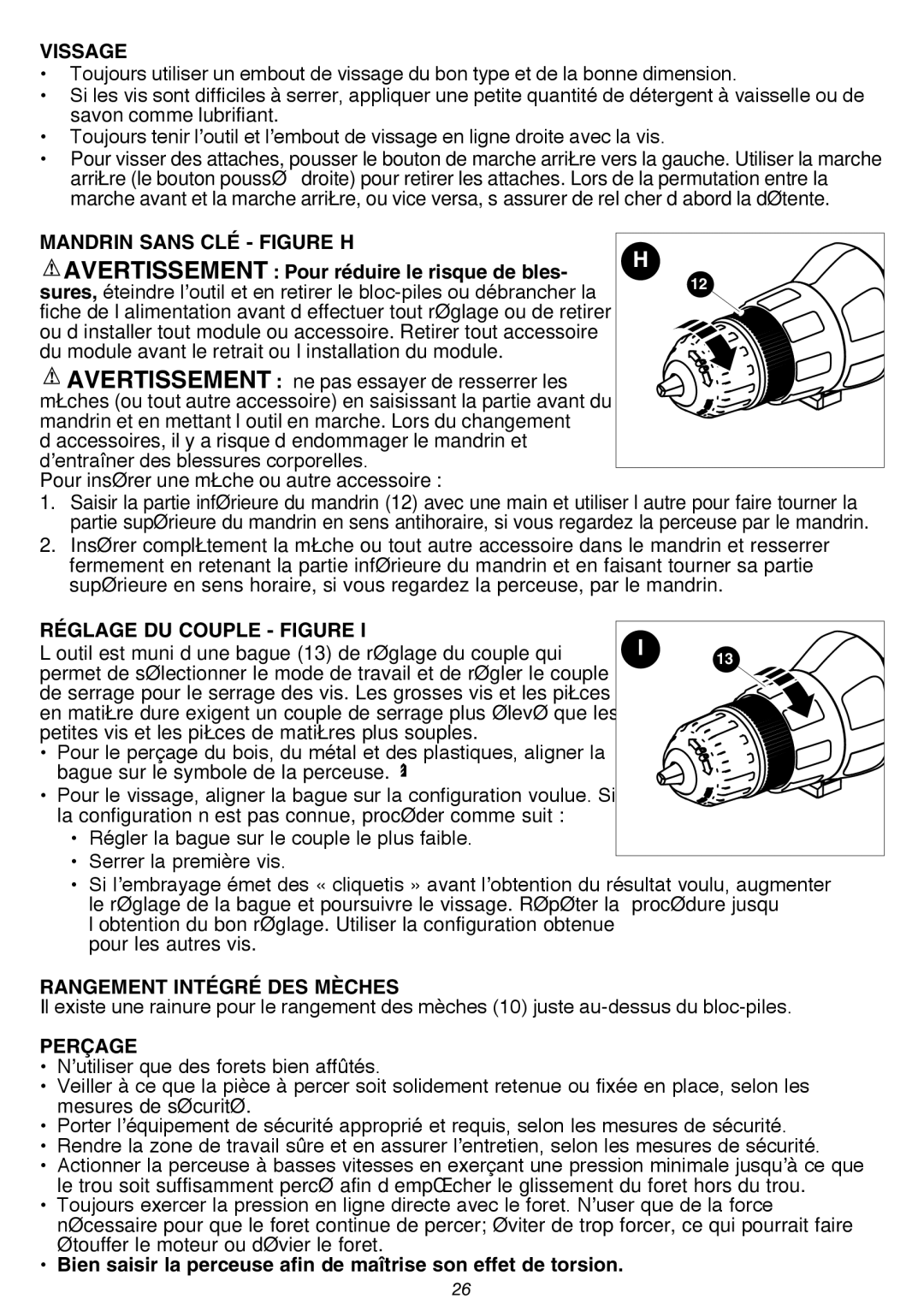 Black & Decker BDCDMT1206KITS instruction manual Vissage, Réglage du couple figure, Rangement intégré des mèches, Perçage 