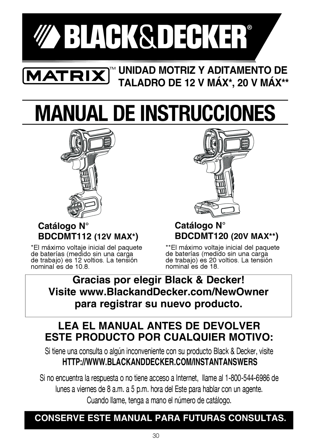 Black & Decker BDCDMT1206KITS instruction manual Manual DE Instrucciones, Catálogo N BDCDMT112 12V MAX BDCDMT120 20V MAX 