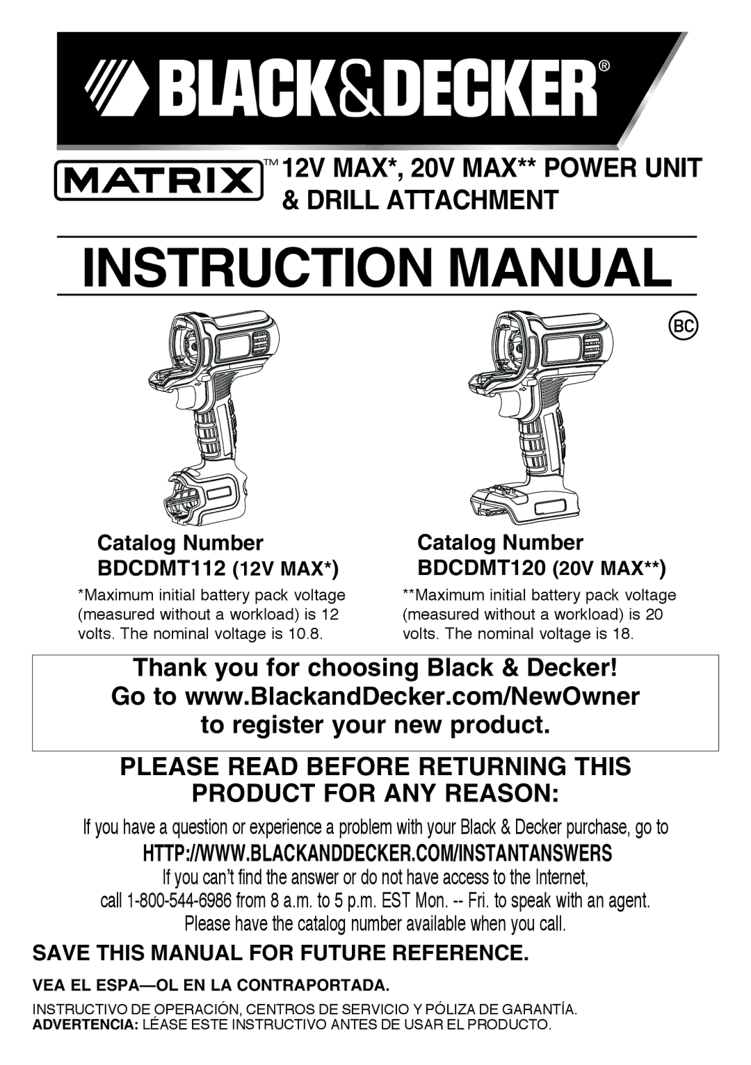 Black & Decker BDCDMT120C, BDCDMT120FL, BDCDMT120-2 instruction manual Catalog Number BDCDMT112 12V MAX BDCDMT120 20V MAX 