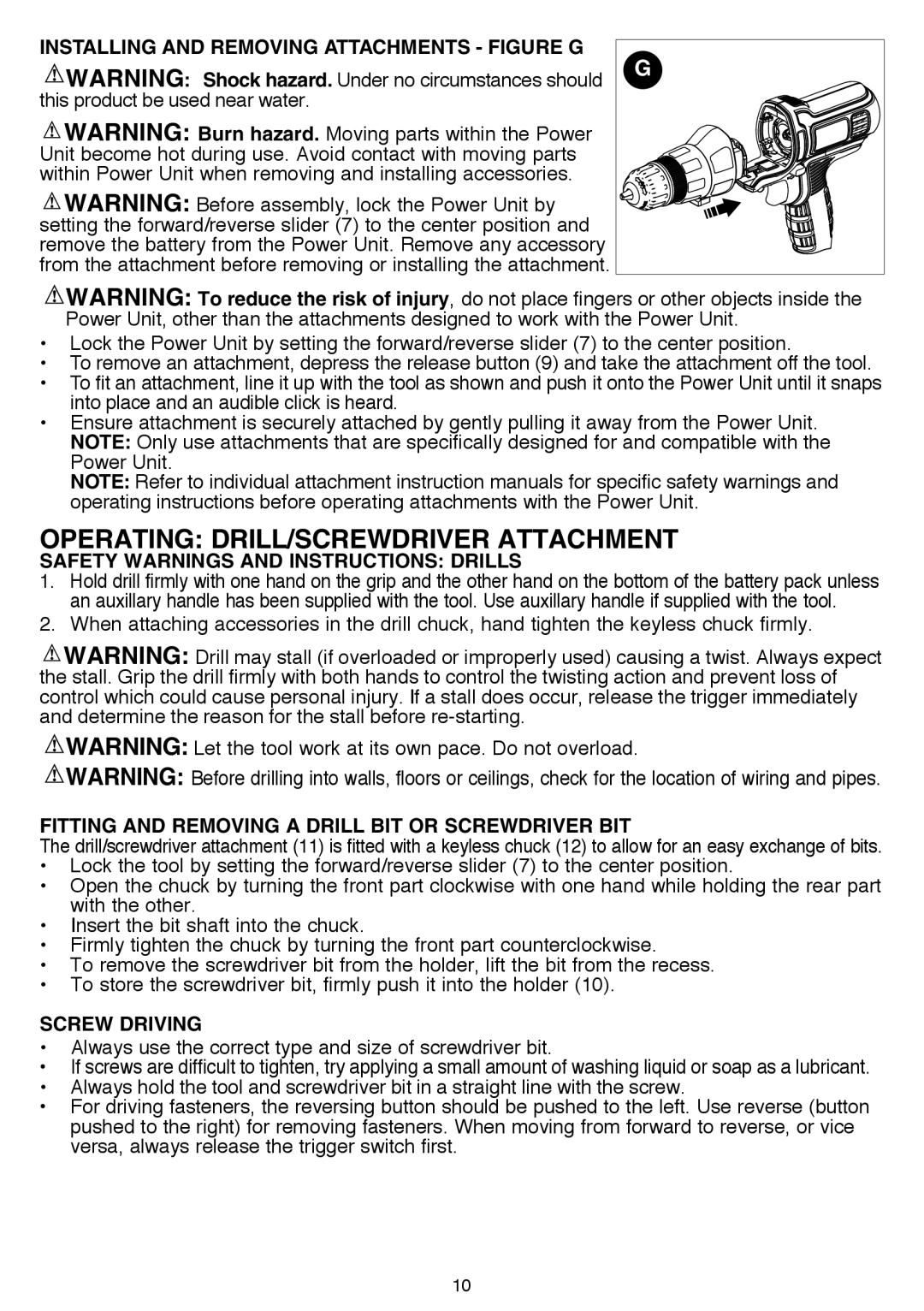 Black & Decker BDCDMT120-2 Operating Drill/Screwdriver attachment, Installing and removing attachments Figure G 