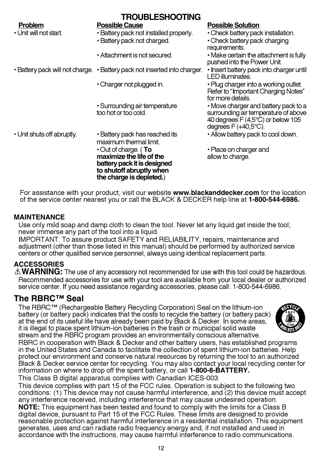 Black & Decker BDCDMT120FL, BDCDMT120C, BDCDMT120-2, BDCDMT120IA instruction manual Troubleshooting, Rbrc Seal 