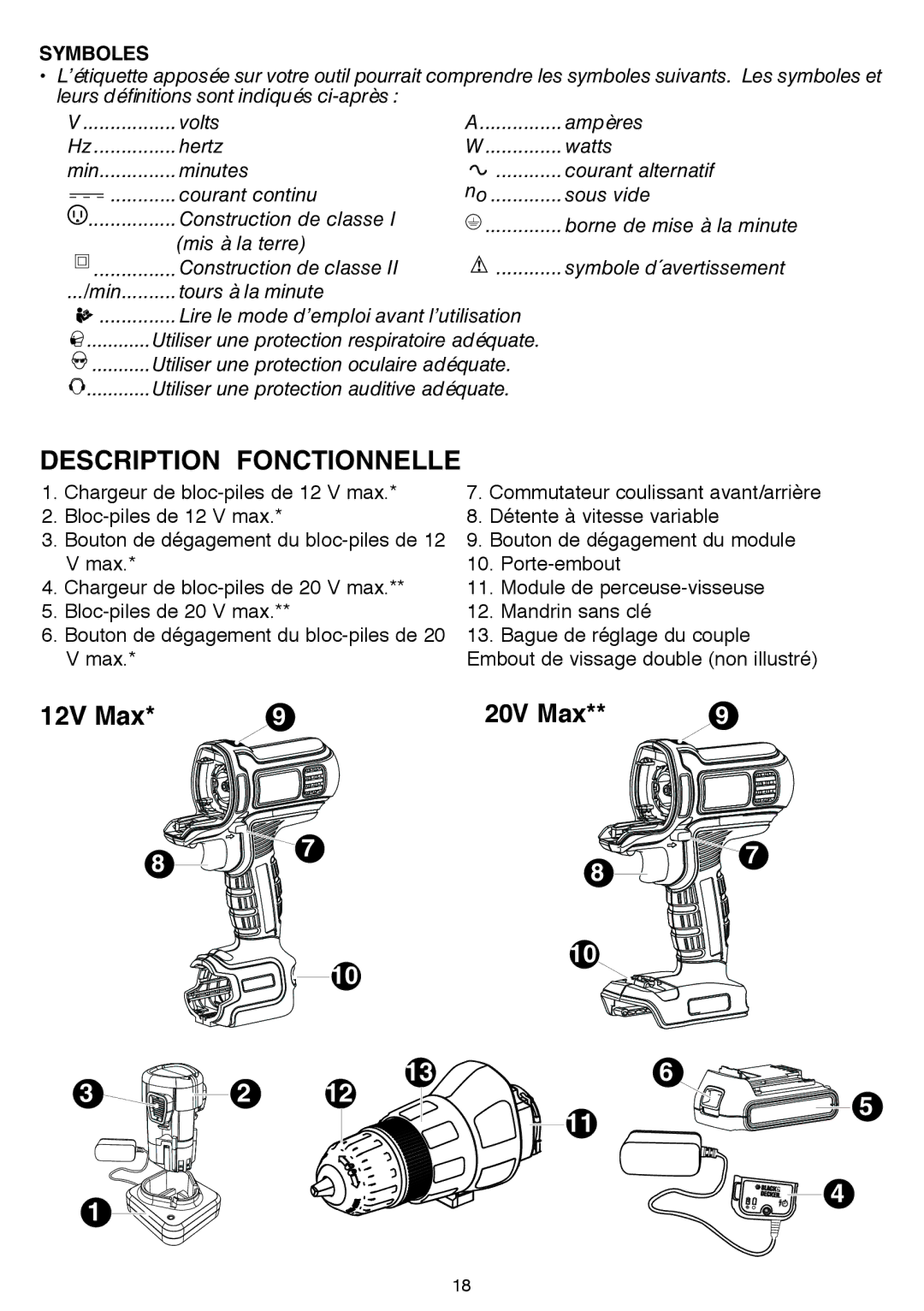 Black & Decker BDCDMT120-2, BDCDMT120FL, BDCDMT120C, BDCDMT120IA instruction manual Description Fonctionnelle, Symboles 